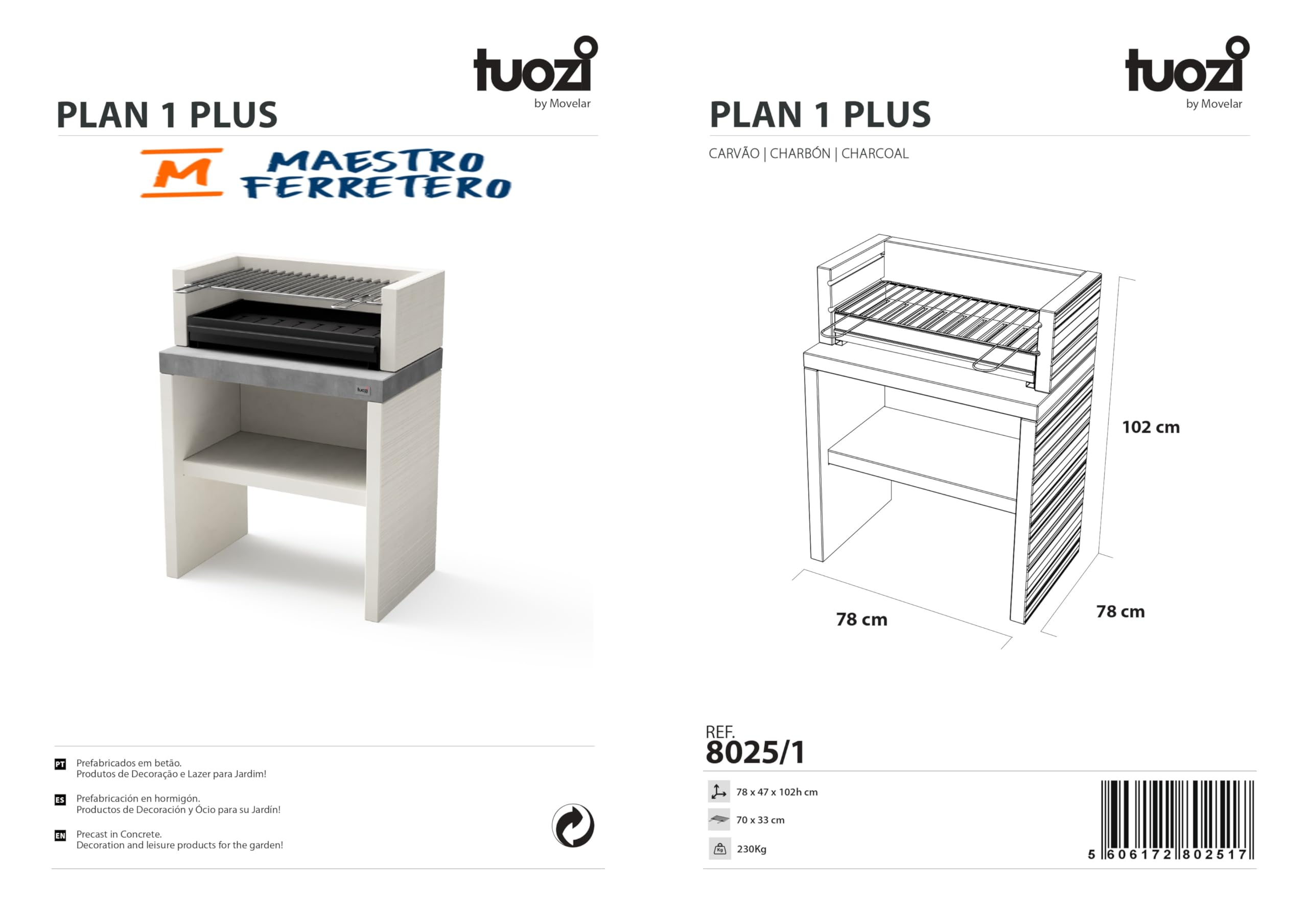 TUOZI - Barbacoa de Obra para Carbón Modelo PLAN 1 PLUS (Gris/Blanco - 78 x 47 x 102 cm) REF: 8025/1 - Uso en Exteriores
