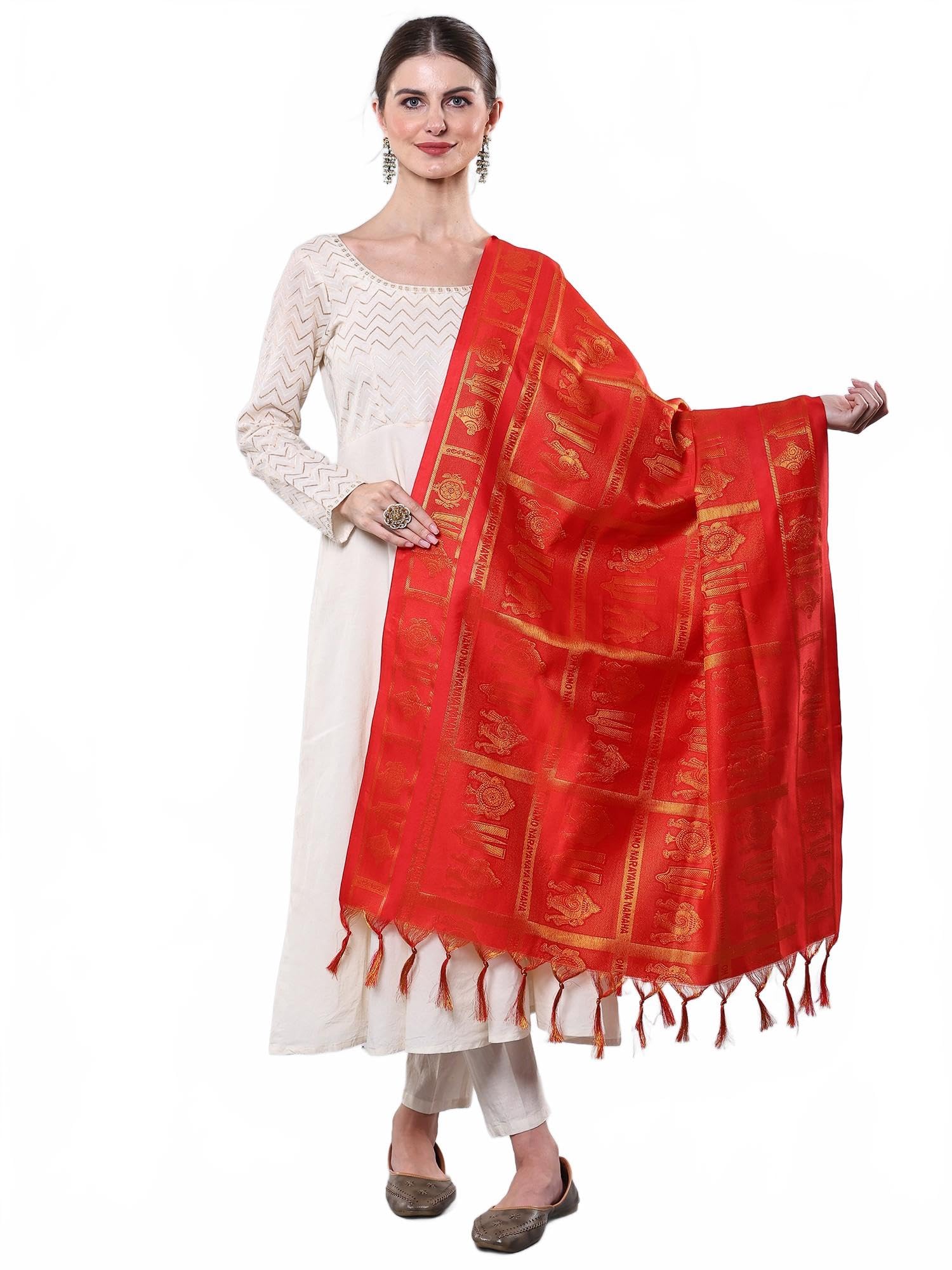 exotic india Women's Art Silk Prayer Shawl with Woven Om Namo Narayanaya Namah and Vaishnava Symbols Design Stole, Scarves-picture-22