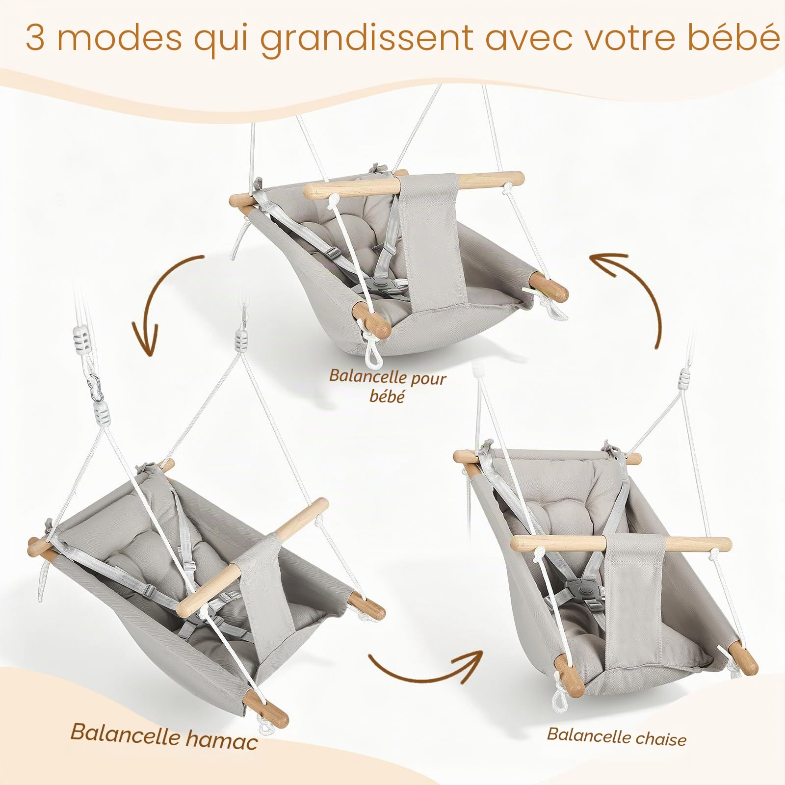 Balançoire bébé 3 en 1, Chaise Suspendue en Bois avec Ceinture de sécurité et Coussin en Coton, hamac-balançoire bébé réglable, balançoire Enfant d'intérieur/extérieur, capacité 60 kg, 6-36 Mois