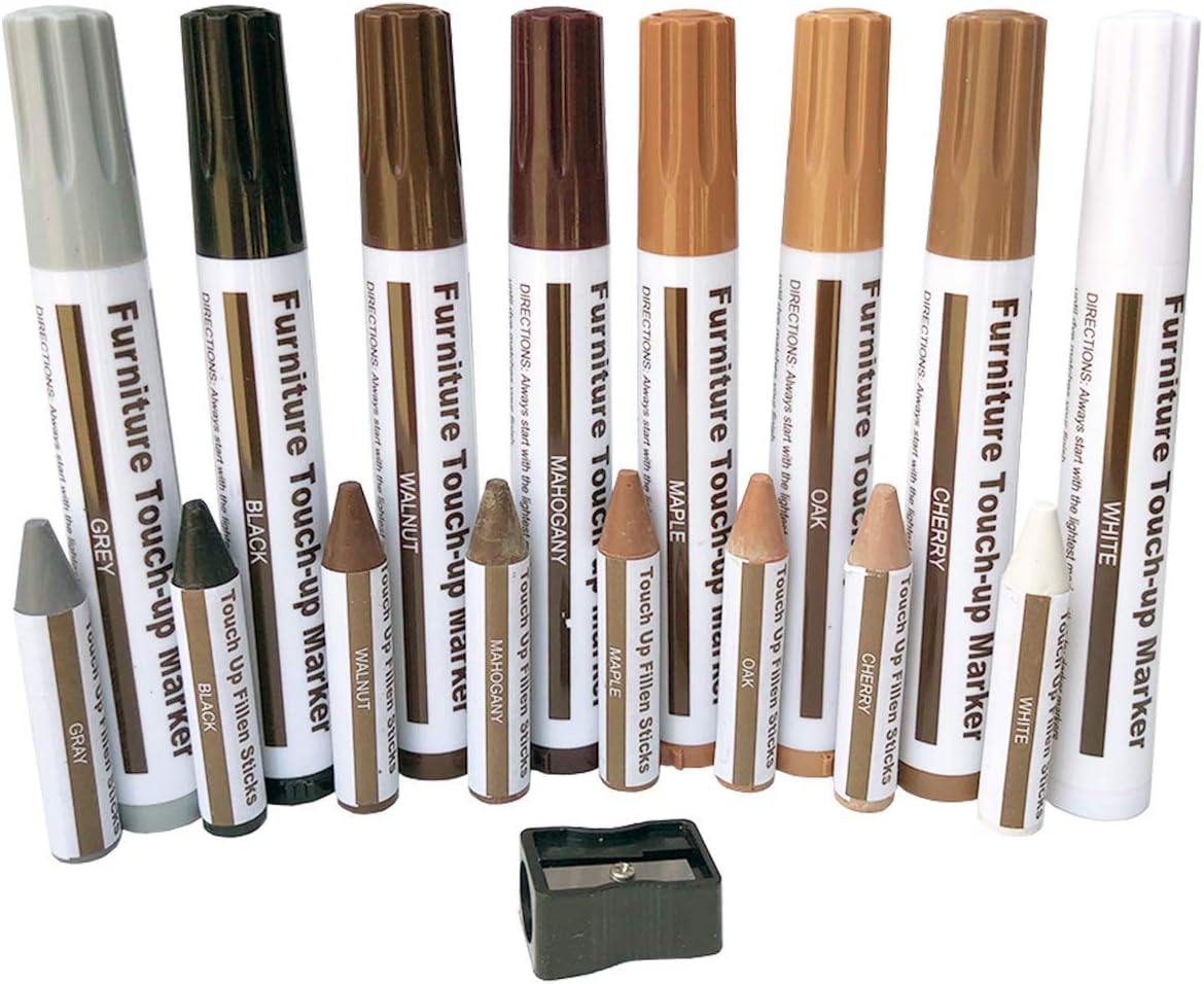 Furniture Wood Repair Markers Touch Up Kit - 17PC Set With Wax Sticks for Stains, Scratches, Floors, Tables, Bedposts - 8 Felt Tip Markers for Carpenters