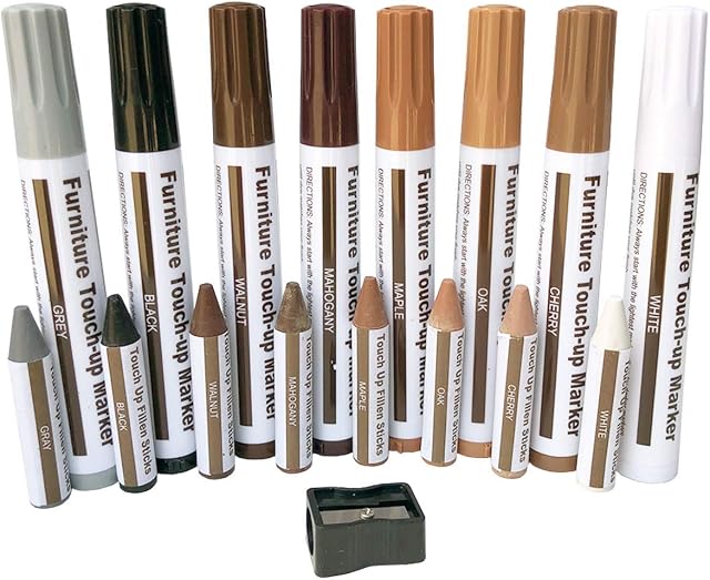 Furniture Repair Wood Repair Markers Touch Up Repair pen-17PC-Markers and Wax Sticks,for Stains,Scratches,Wood Floors,Tables,Carpenters,Bedposts-8 Felt Tip Wood Markers,8 Wax Sticks with Sharpener Kit