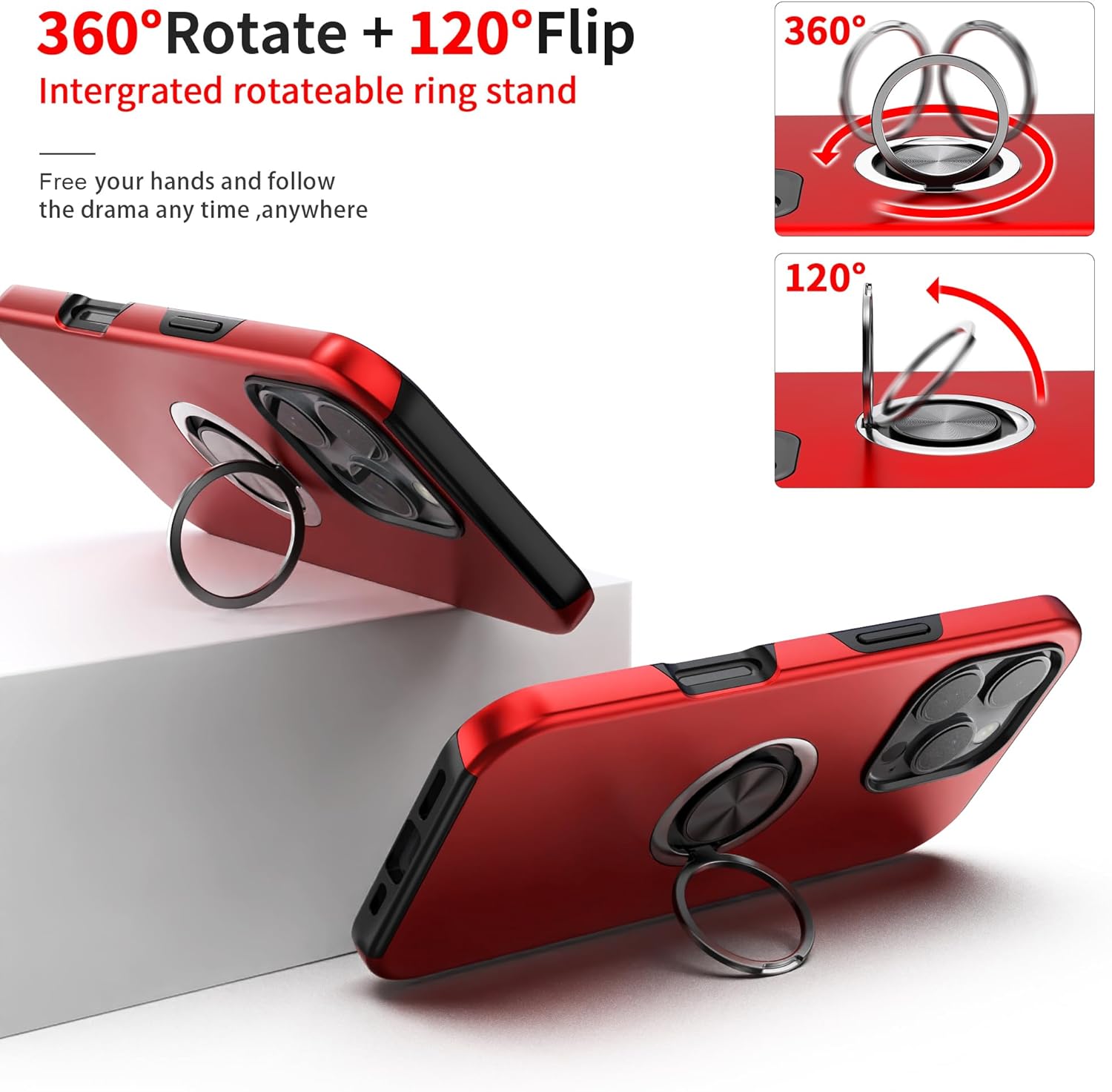 for iPhone 16 Pro Max Case with Screen Protector(Tempered Glass),Hybrid 2 in 1 Protective Slim Fit Sturdy Phone Case with Invisible Magnetic Ring Kickstand for iPhone 16 Pro Max 6.9 Inch,Red - Image 4