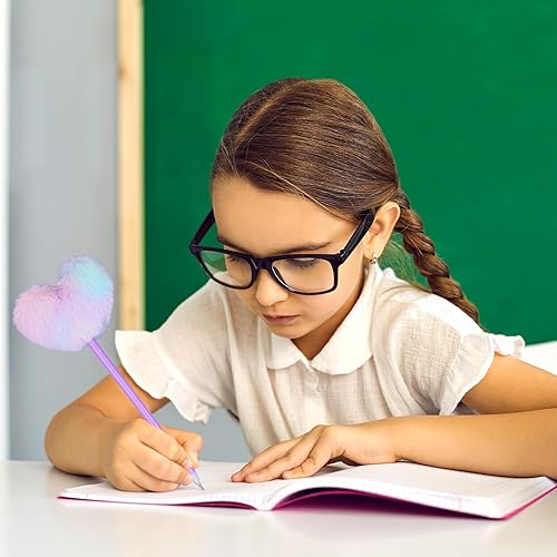 Miniatura 7 de PEUTIER 4 bolígrafos mullidos con pompones, bolígrafos esponjosos en forma de corazón de teñido anudado para niñas, bolígrafos de felpa suave con