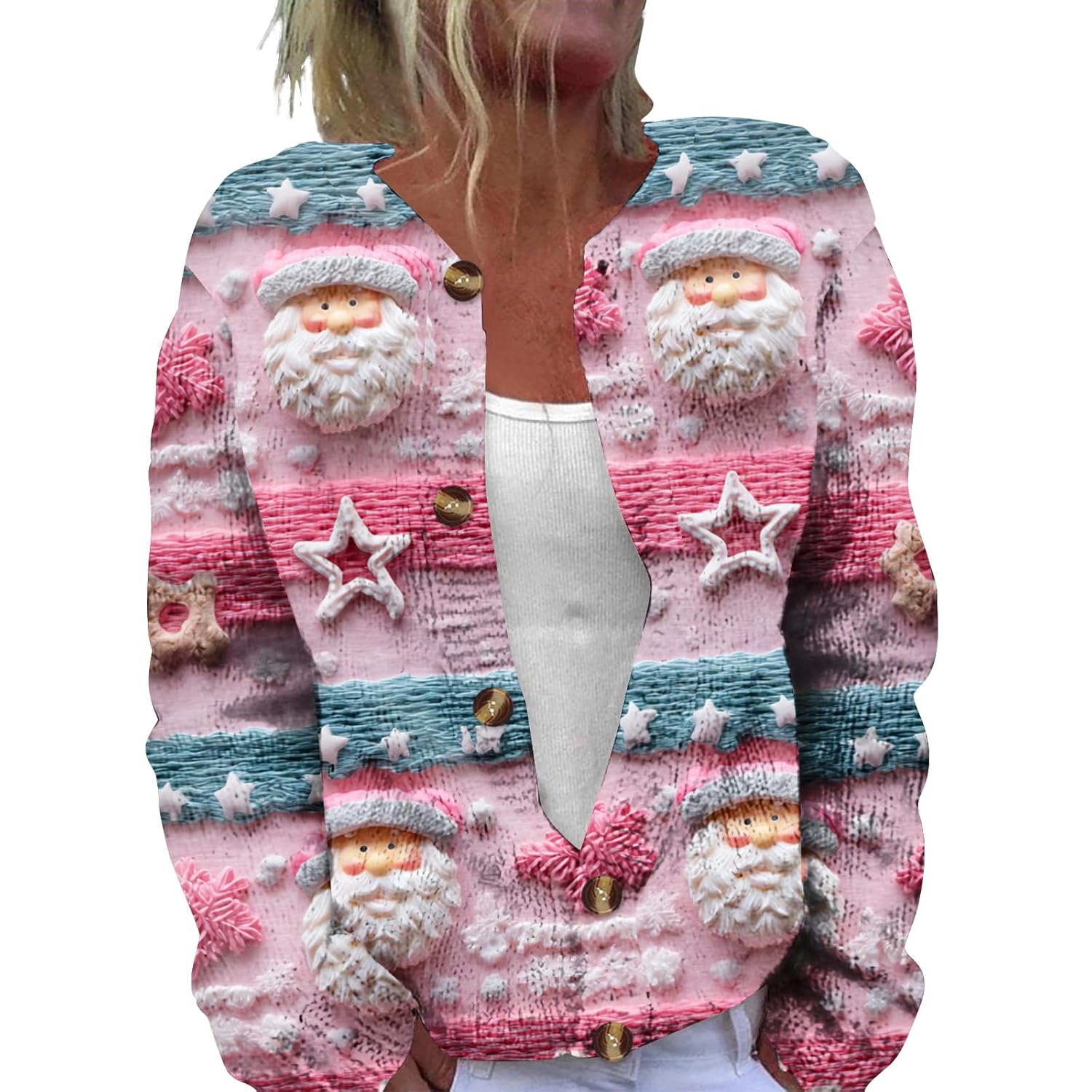 Women Christmas Sweater Long Sleeve Reindeer Holiday New Years Open Front Sweater Cardigan