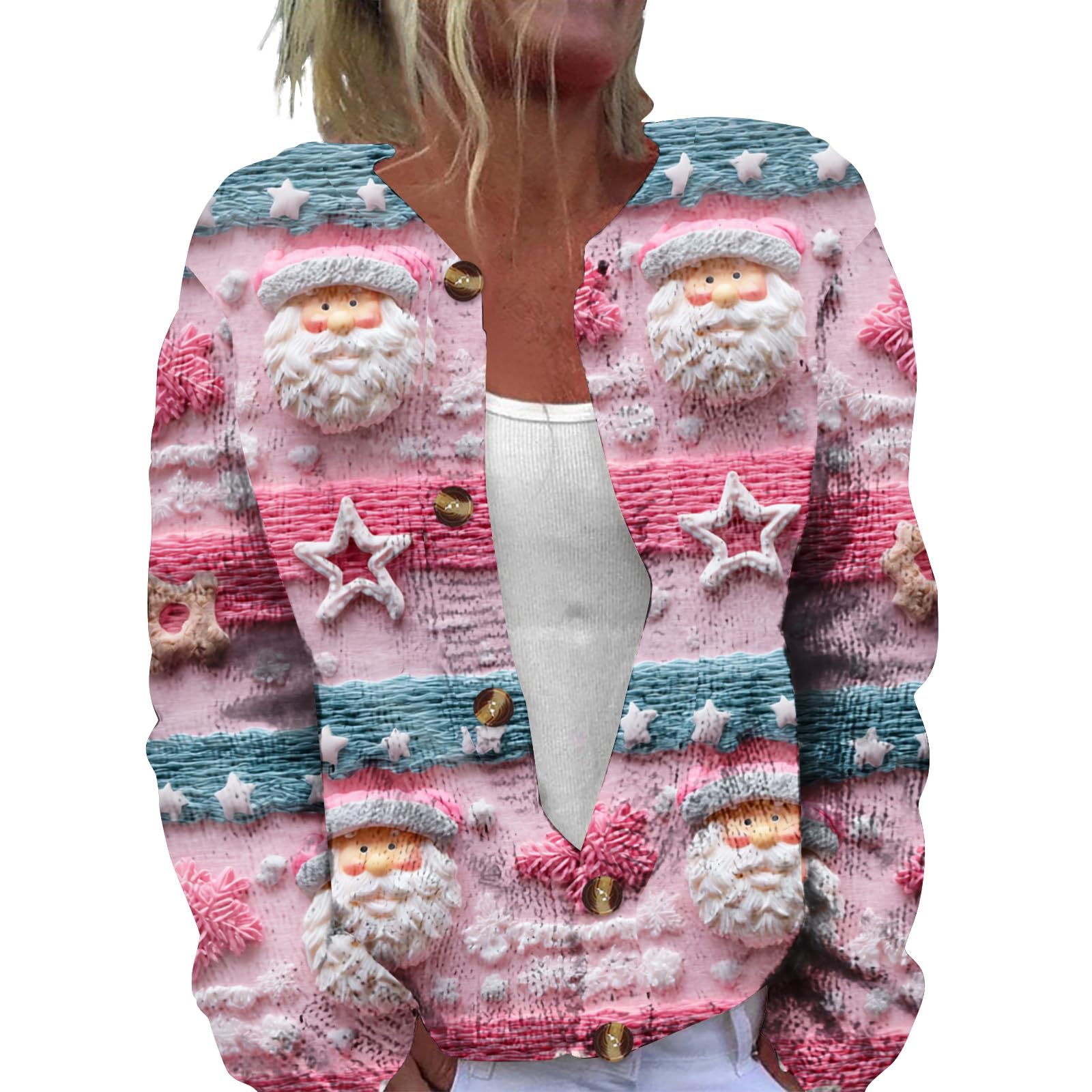Women Christmas Sweater Long Sleeve Reindeer Holiday New Years Open Front Sweater Cardigan