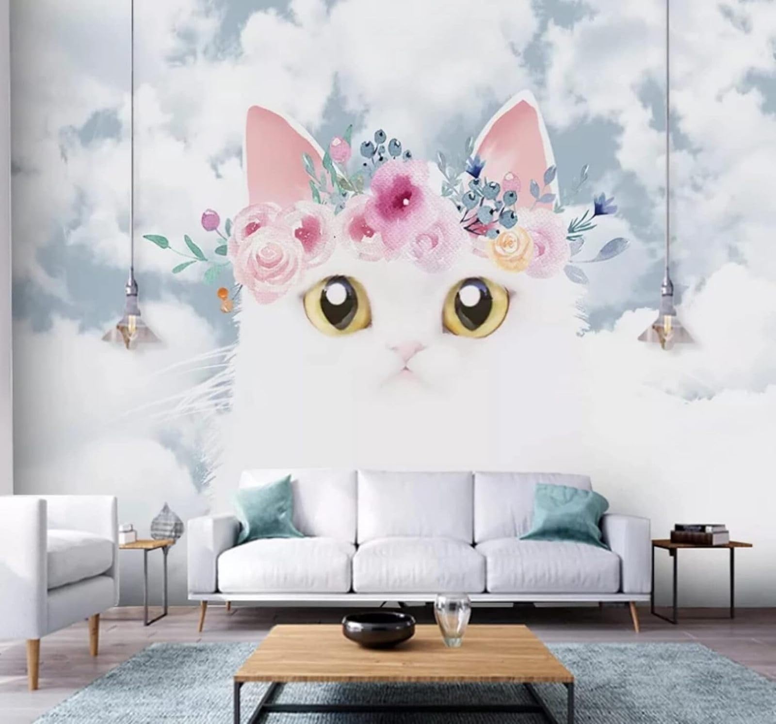 XLMING Cartoon Cute Kitten Flowers Sky 3D Wallpaper Luxury Silk Study Dining Feature Sofa Grey Bedroom Living Room Tv Decorative Wall-200cm×140cm