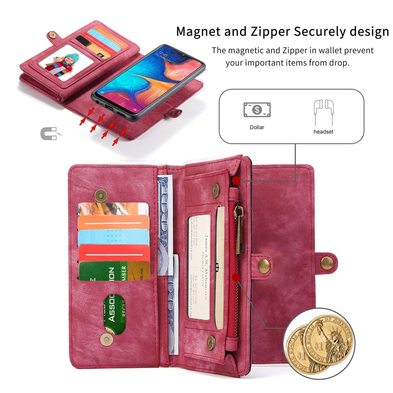 Simicoo Samsung A20 A30 - Portafoglio in pelle con cerniera e scomparti per carte di credito, con chiusura magnetica, con manico, antiurto, per Samsung A20 A30 (rosso, A20)