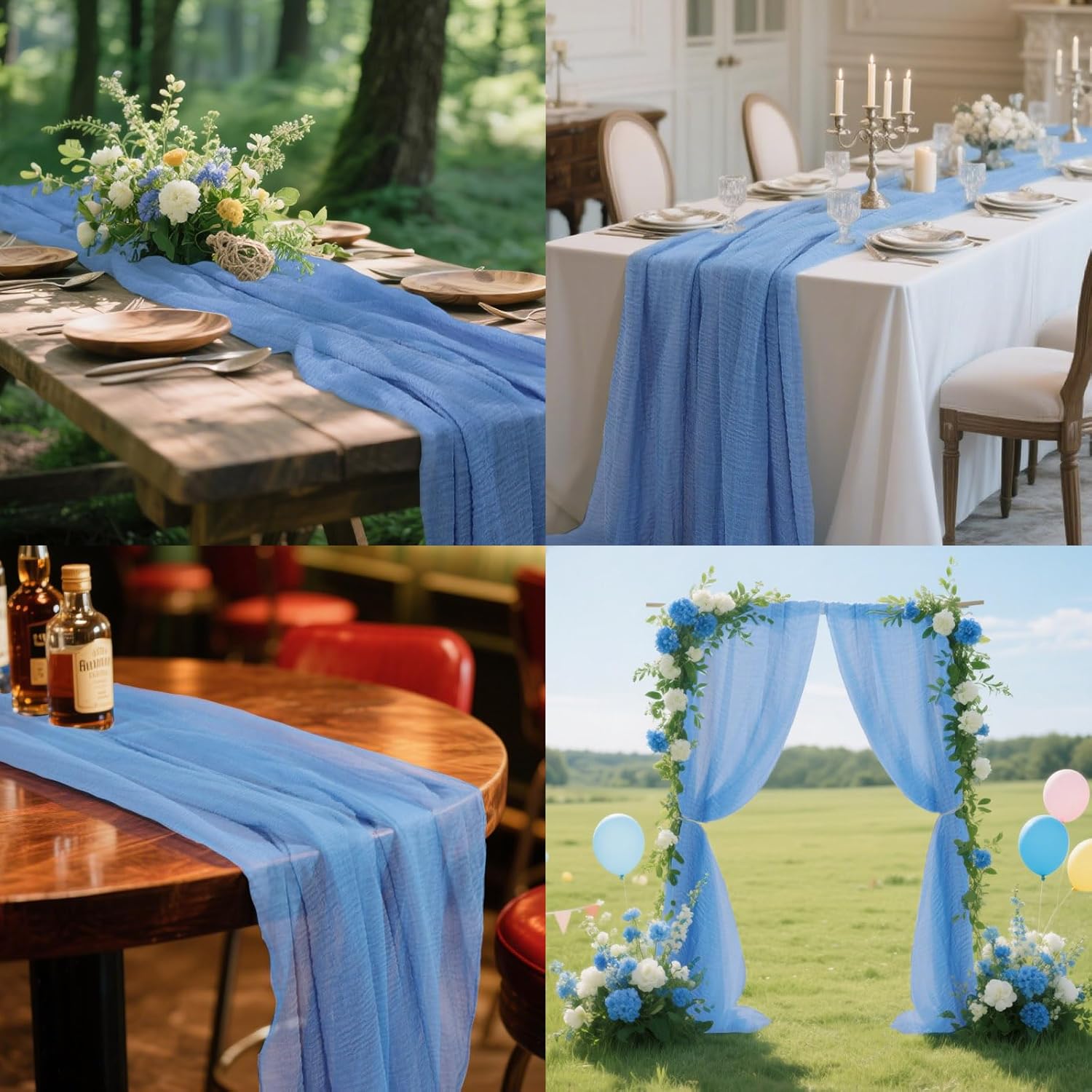 10ft Cheesecloth Table Runner, 6 pcs 120-Inch Boho Gauze Table Runner, Dusty Blue Bubble Gauze,Rustic Sheer Fabric for Wedding, Bridal Baby Shower, Farmhouse Decor & Spring Party Table Decor