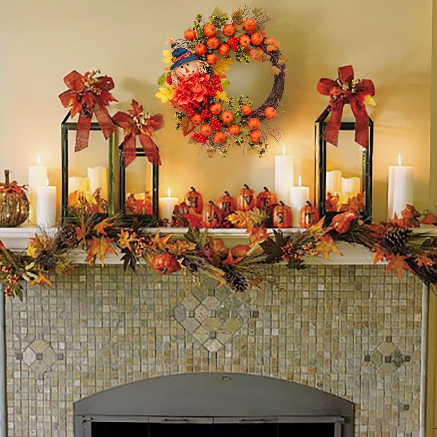 Fall Wreath for Front Door,Pumpkin Wreath with Scarecrow with Berries, Acorns and Hydrangea,Autumn Harvest Porch Decor,thanksgving Farmhouse Fall Door decorations-20inch