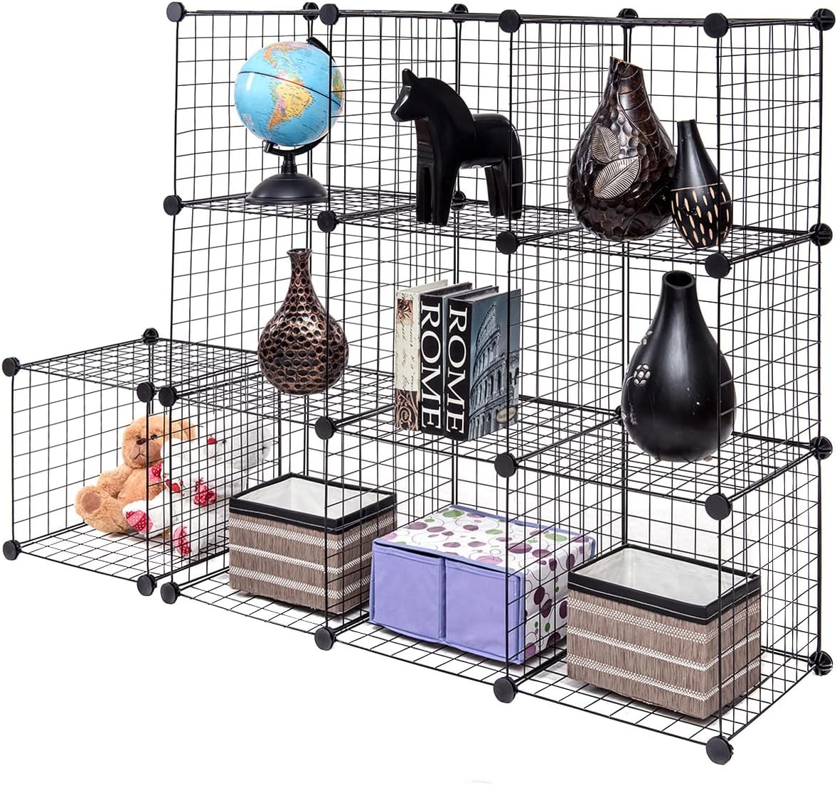 NAFORT Wire Cube Storage System, DIY Metal Grid Cube Storage Organizer with Durable Frame, Sturdy Connectors, 12-Cube Modular Grid Shelves for Books, Potted Plants, Bags, Shoes, Clothes & Coats Black 12-cube