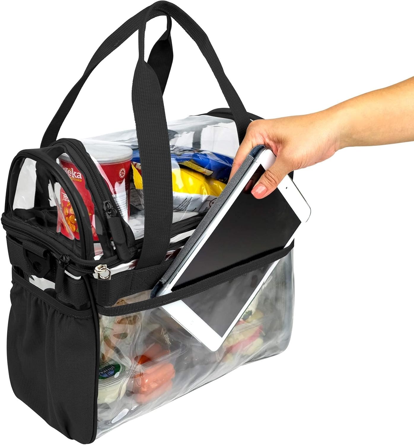 Large Clear Lunch Tote Heavy Duty Stadium Bag Approved Durable Crossbody Makeup Cosmetic Box for Men Women Work (Black, 12 x 6 x 12)