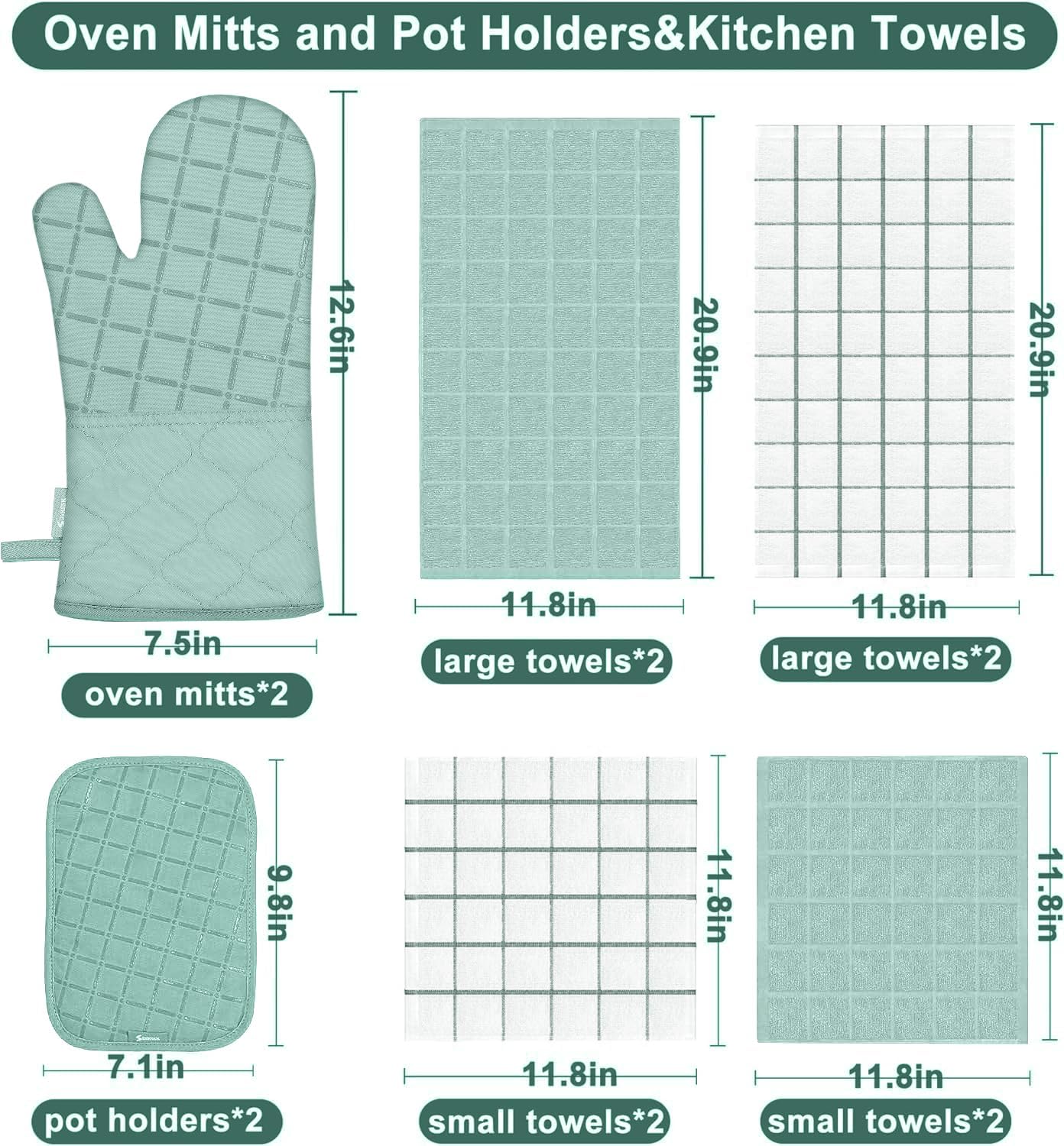 Oven Mitts Pot Holders Sets/Kitchen Towels and Dishcloths, Oven Gloves Kitchen Dish Towels 500 Degree Heat Resistant Potholders with Non-Slip Silicone Surface for Cooking, Grilling, Baking-Mint Green - Image 2