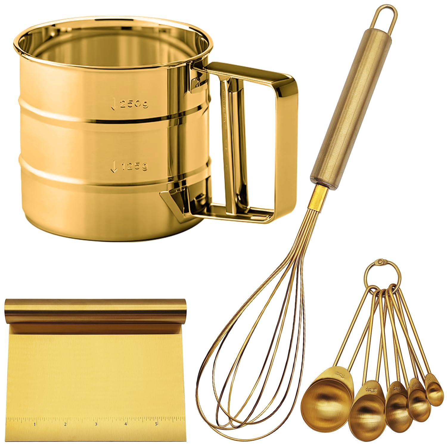 findTop - Set di 4 utensili da forno in acciaio inox, con frusta da 25,4 cm, raschietto per impasto e 5 cucchiai dosatori, lucidato a specchio, facile da pulire, per preparare torte, pane, biscotti