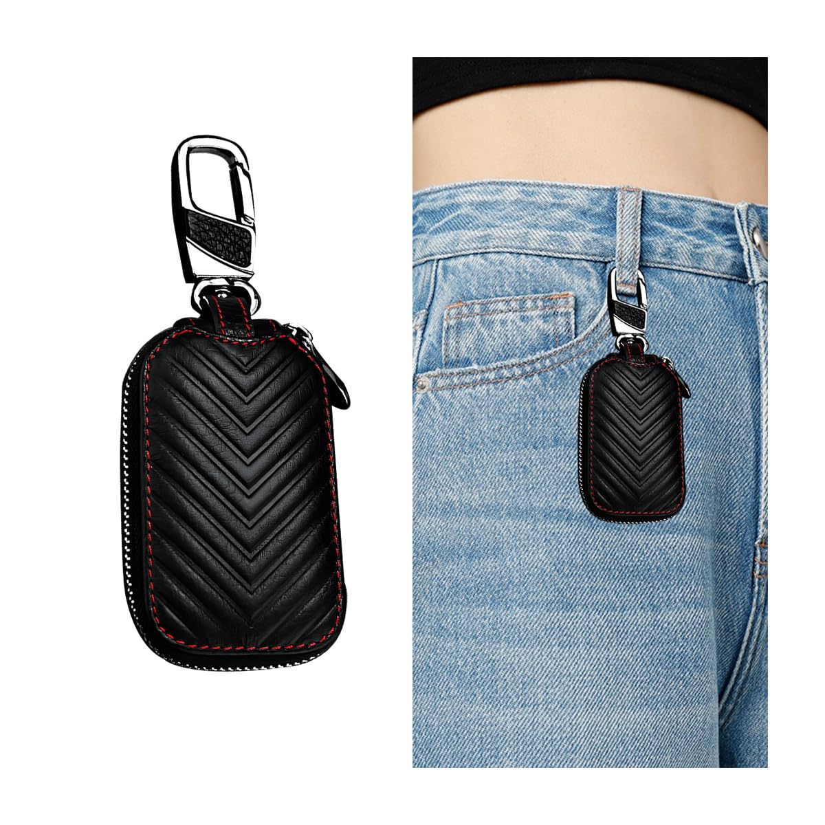 CGEAMDY Universal Car Key Case, Leather Car Key Smart Keychain Holder with Zipper and Metal Hook, Genuine Leather Cars Key Chains Wallet Men Women Pouch Case Holder, For Home Car Keys(Black)