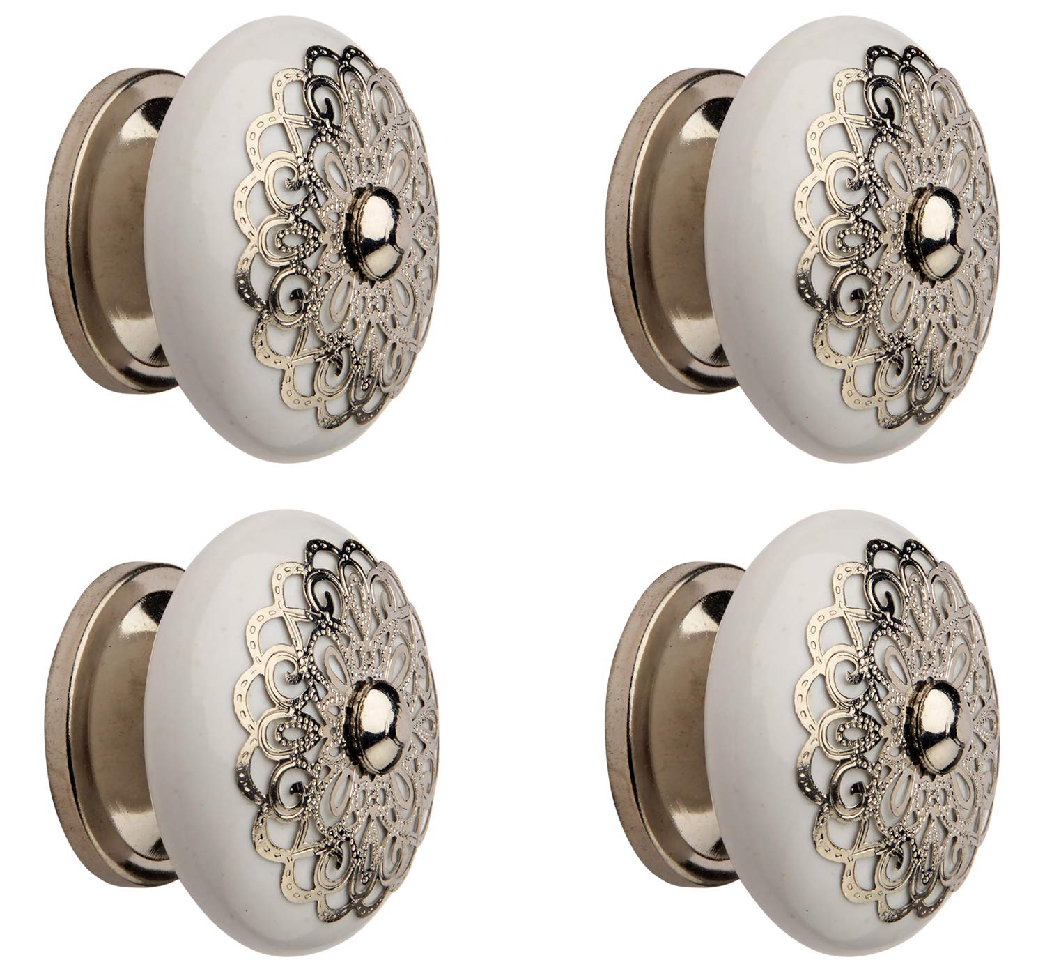 HOBKNOBS Ceramic Nickel Plated Cabinet/Draw Knob with Ornate Top (Dia 40 x 28mm, White) (4)..