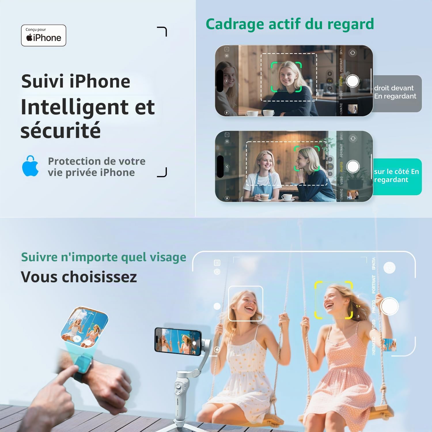 COMITOK MOGO Stabilisateur Gimbal [Certifié MFi] Spécialement pour iPhone Stabilisateur iPhone avec Suivi Visage Automatique Contrôle Apple Watch & Télécommande Vidéo sans Secousse Compatible iOS 26