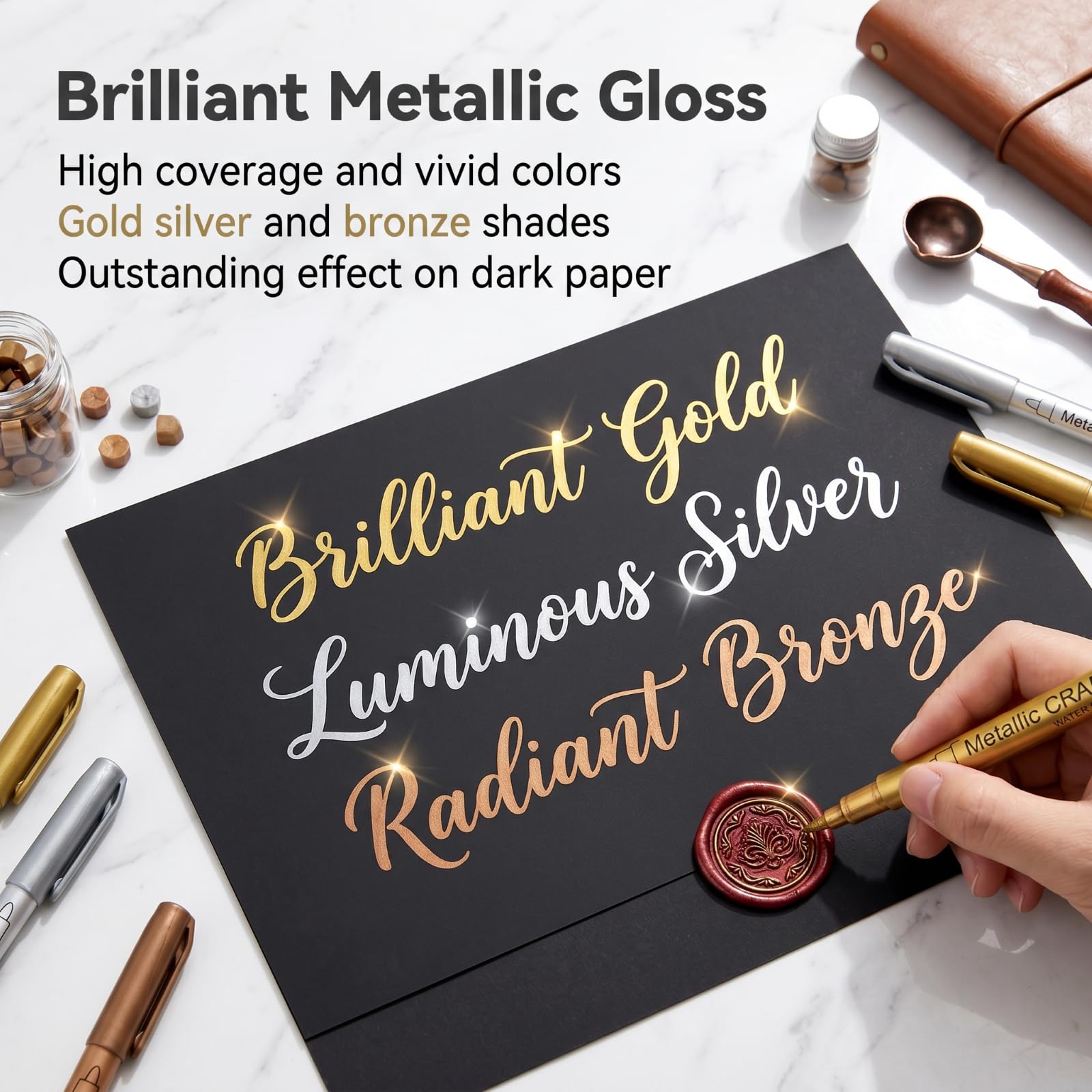 9 Wasserfeste Metallic Marker Stifte, Permanente Acrylmarker Metallic Stifte Set in Gold Silber Bronze, mit 6 Dicken und 3 Feinen Spitzen für Kartenschreiben, DIY Zeichnung, Album, Scrapbooking
