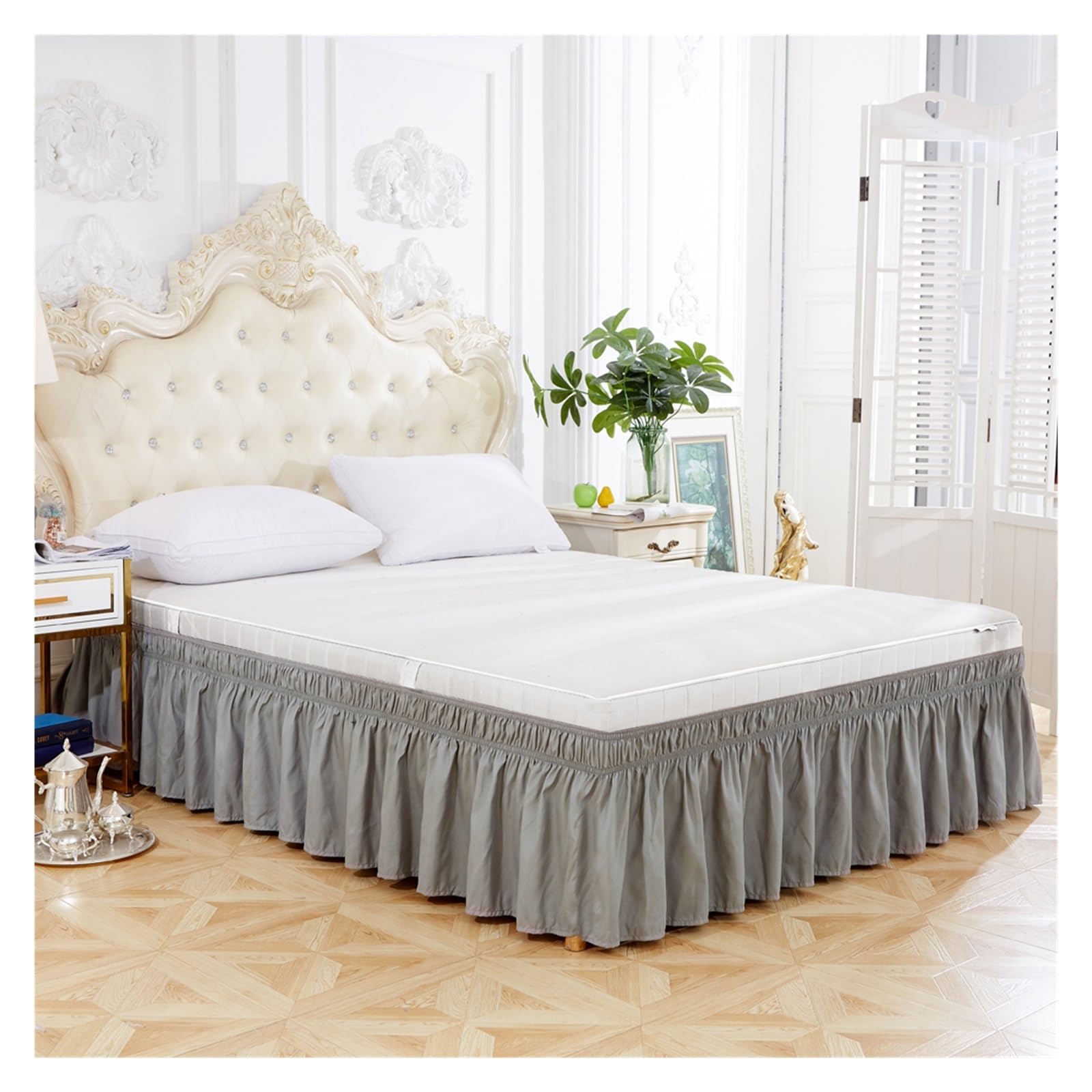 Cubre Canape 150x190 Falda de Cama elástica con Volantes, cómoda, Envolvente, Resistente a la decoloración, Faldas Color sólido, Doble tamaño Queen King(White,Queen)