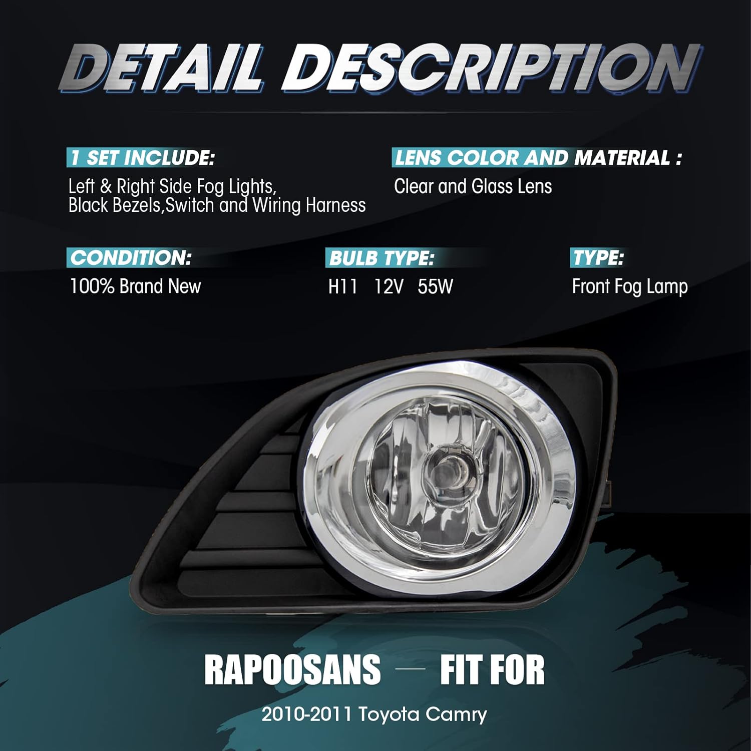 Driving Fog Lights Lamps Assembly Kit for 2010 2011 Toyota Camry Fog Light Replacement with Halogen Bulbs Switch and Wiring Kit(Not fit for Hybrid/SE models)-1 Set