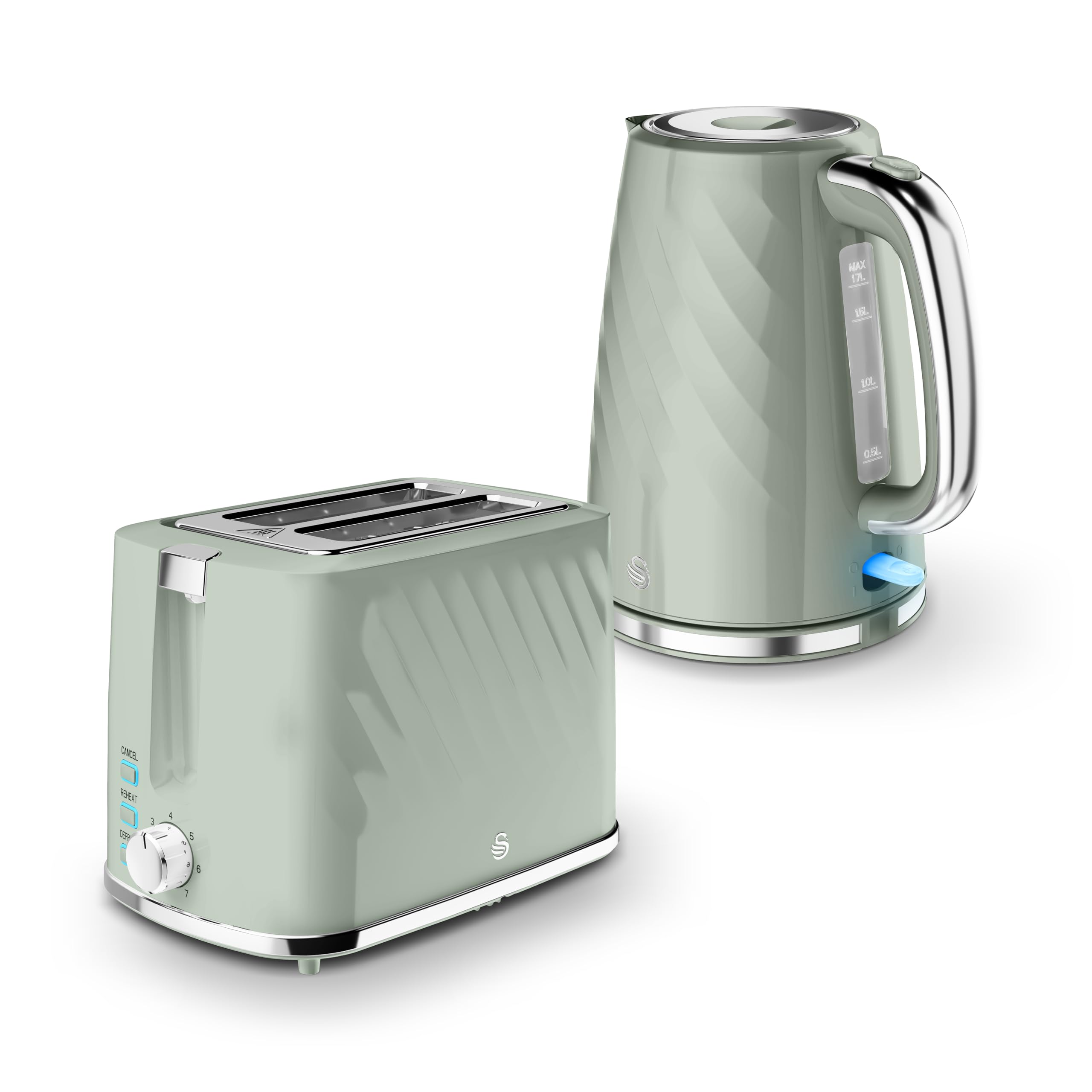 Swan Windsor Breakfast Essentials Bundle with 1.7L Rapid Boil Kettle and 2 Slice Toaster, Sage, EEJB429