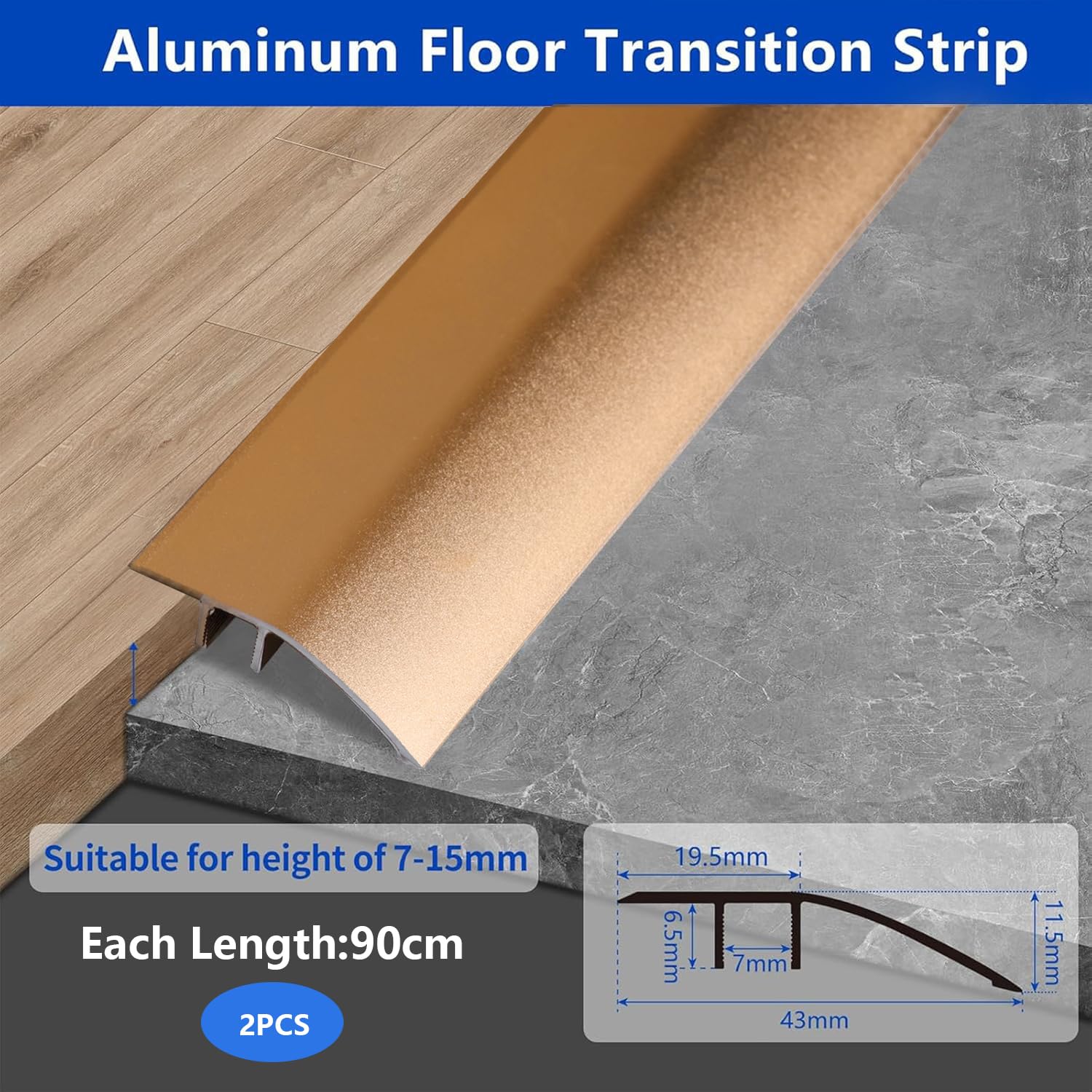 Paquete de 2 tiras de transición de aluminio para puerta, barra de suelo para puertas, rampa de umbral, tablones laminados, puente de altura entre 6 y 12 mm (cobre dorado, 0,9 m x 4,3 cm)