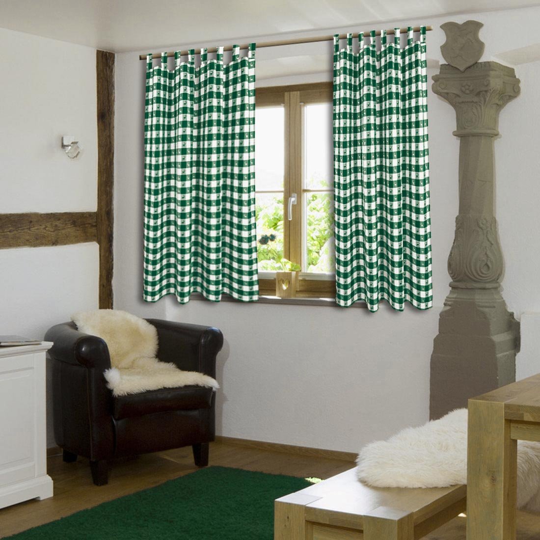 Dekoschal Karo mit Hirsch in Grün | Schlaufenschal aus hochwertigem Webware | grün-weißer Landhaus-Vorhang kariert | Blickdichte Übergardine mit 8 Schlaufen | Seitenschal Höhe x Breite 125 x 130 cm