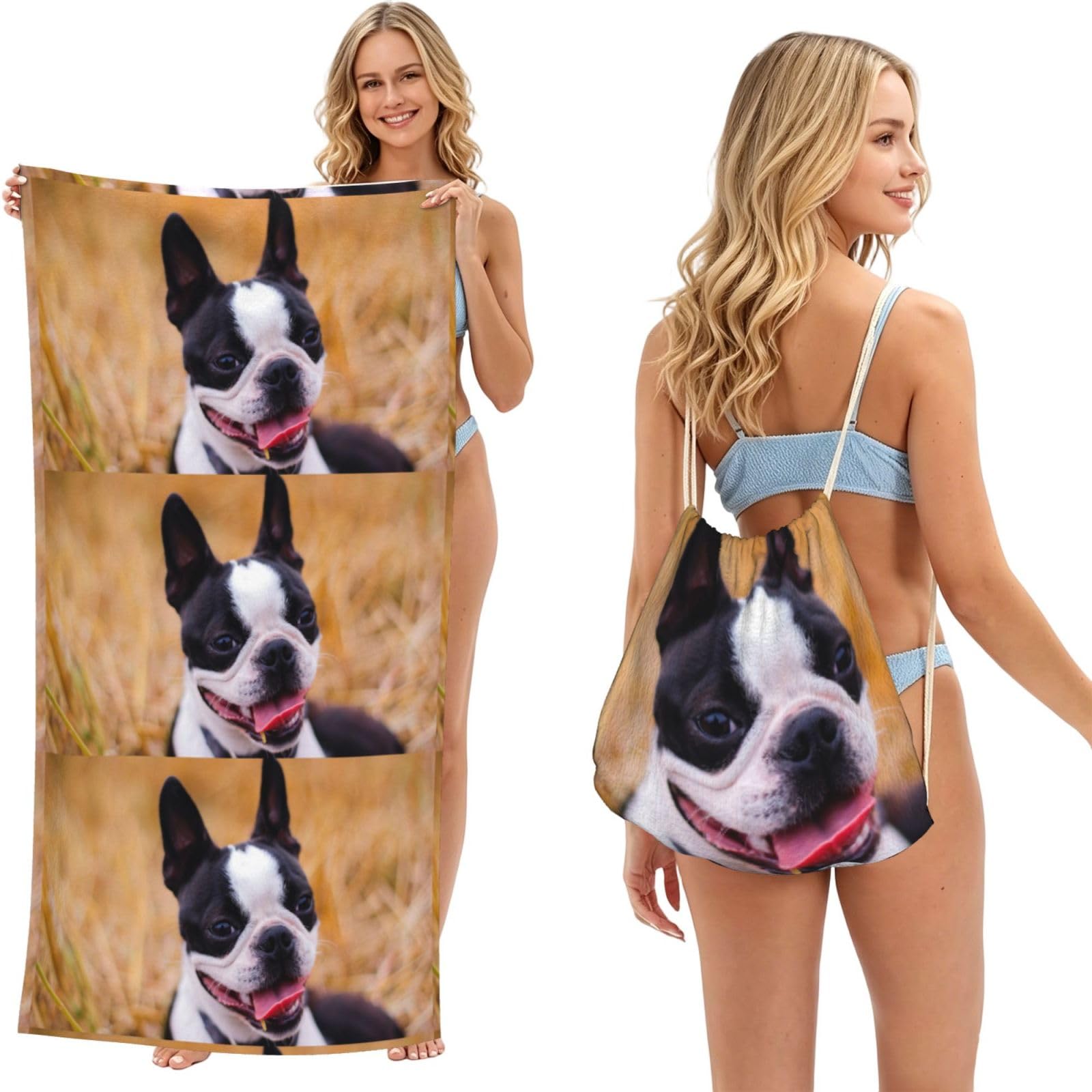 Poadnly As Picture Boston Terrier Bokeh Dogs Pets Boston Terrier, 2 In 1 Packable Towel Bag, Beach Towels With Drawstring Backpack For Travel Holiday Camping