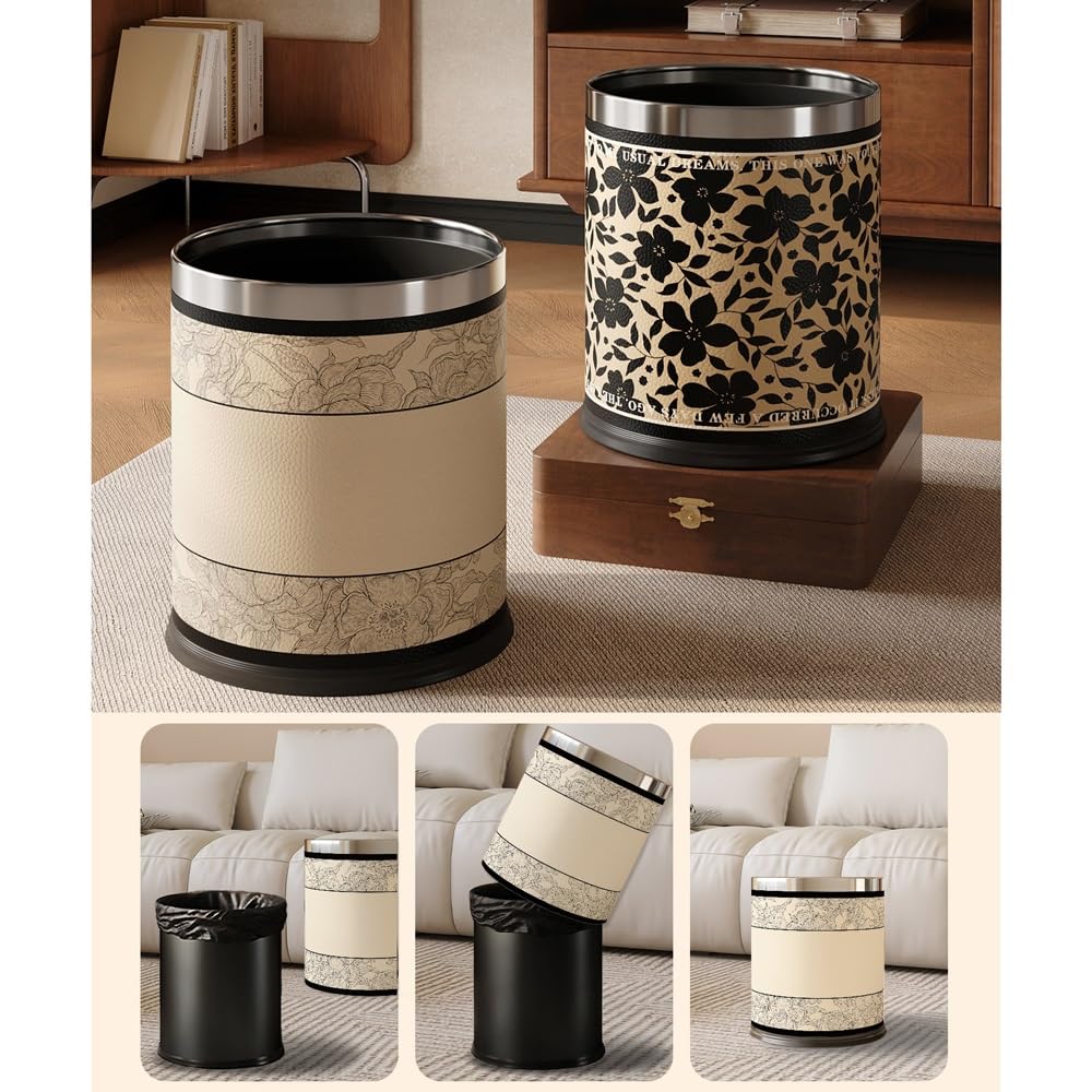 Decorative Metal Wastebasket with Removable Stainless Steel Ring, Double Layer Trash Can Leather Covered Round Wastebasket Dust Bins for Kitchen Bathroom Office(15L)