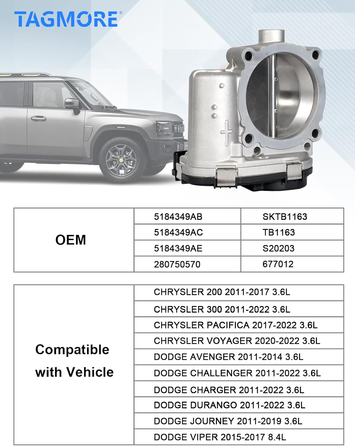 Electronic Throttle Body Assembly, Compatible with 11-14 Dodge Avenger, 11-22 Challenger/Charger/Durango, 11-20 Grand Caravan, 11-19 Journey, 11-22 Chrysler 300, 11-16 Town & Country