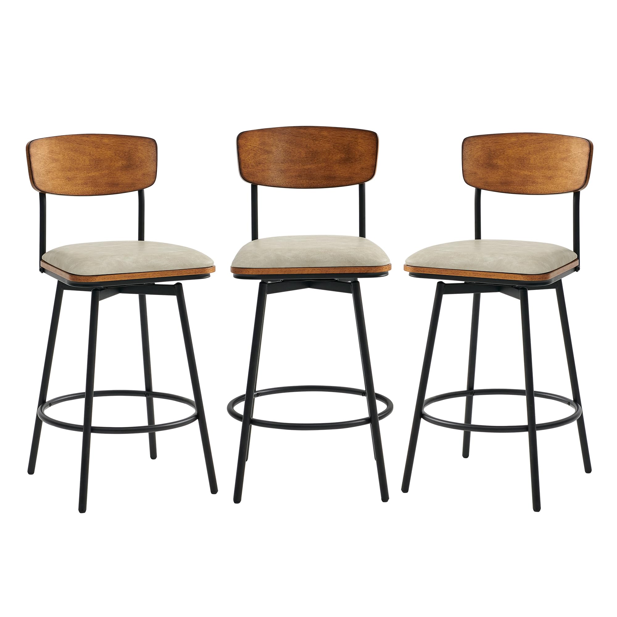 CHITA Swivel Counter Height Bar Stools with Back, Faux Leather Upholstered Barstools Set of 3, 27