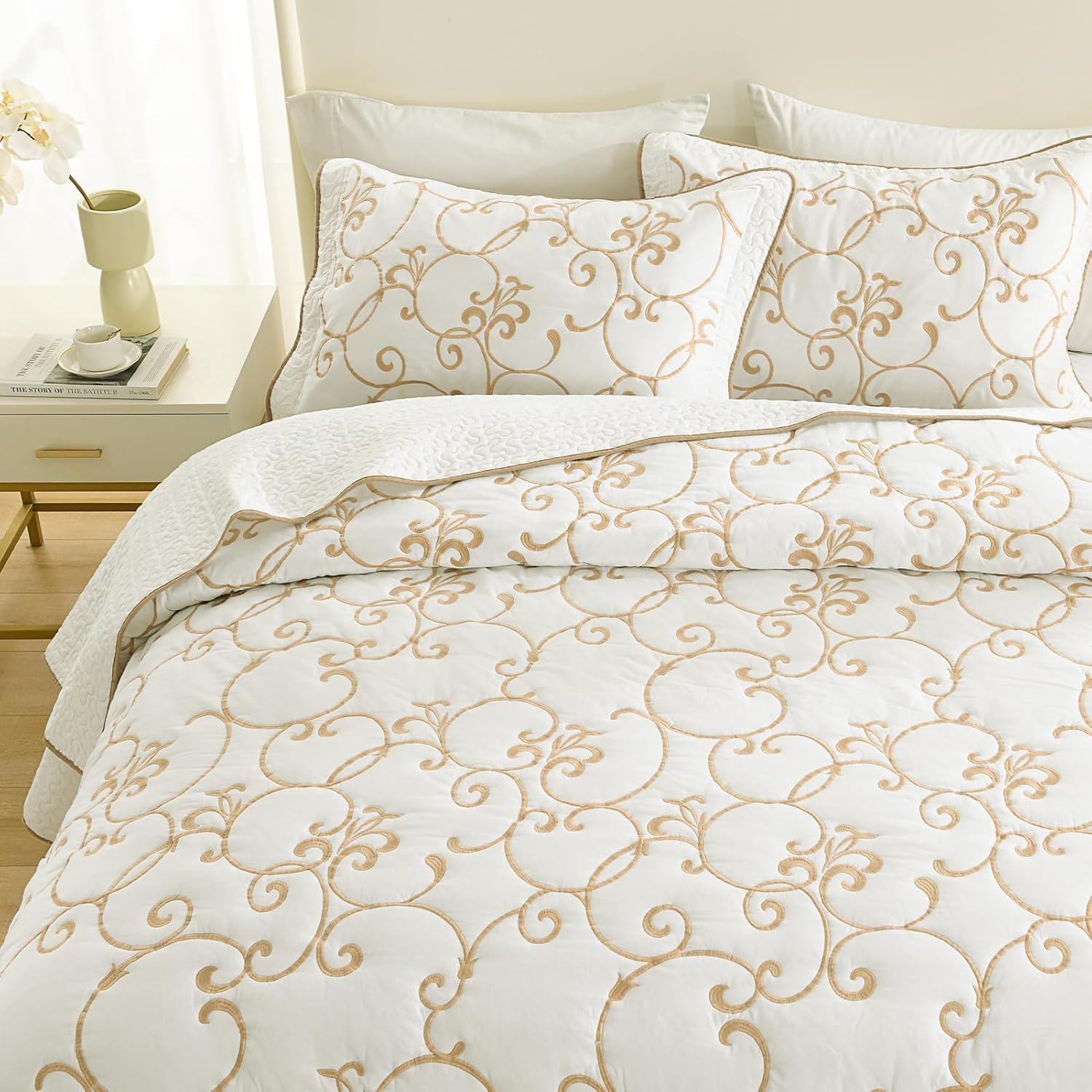 Oversized King Bedspread - 120" Lx120 W Extra Wide - 100% Cotton Lightweight Embroidery Coverlet Set - Reversible California King Quilt - 3 Piece - Beige/White