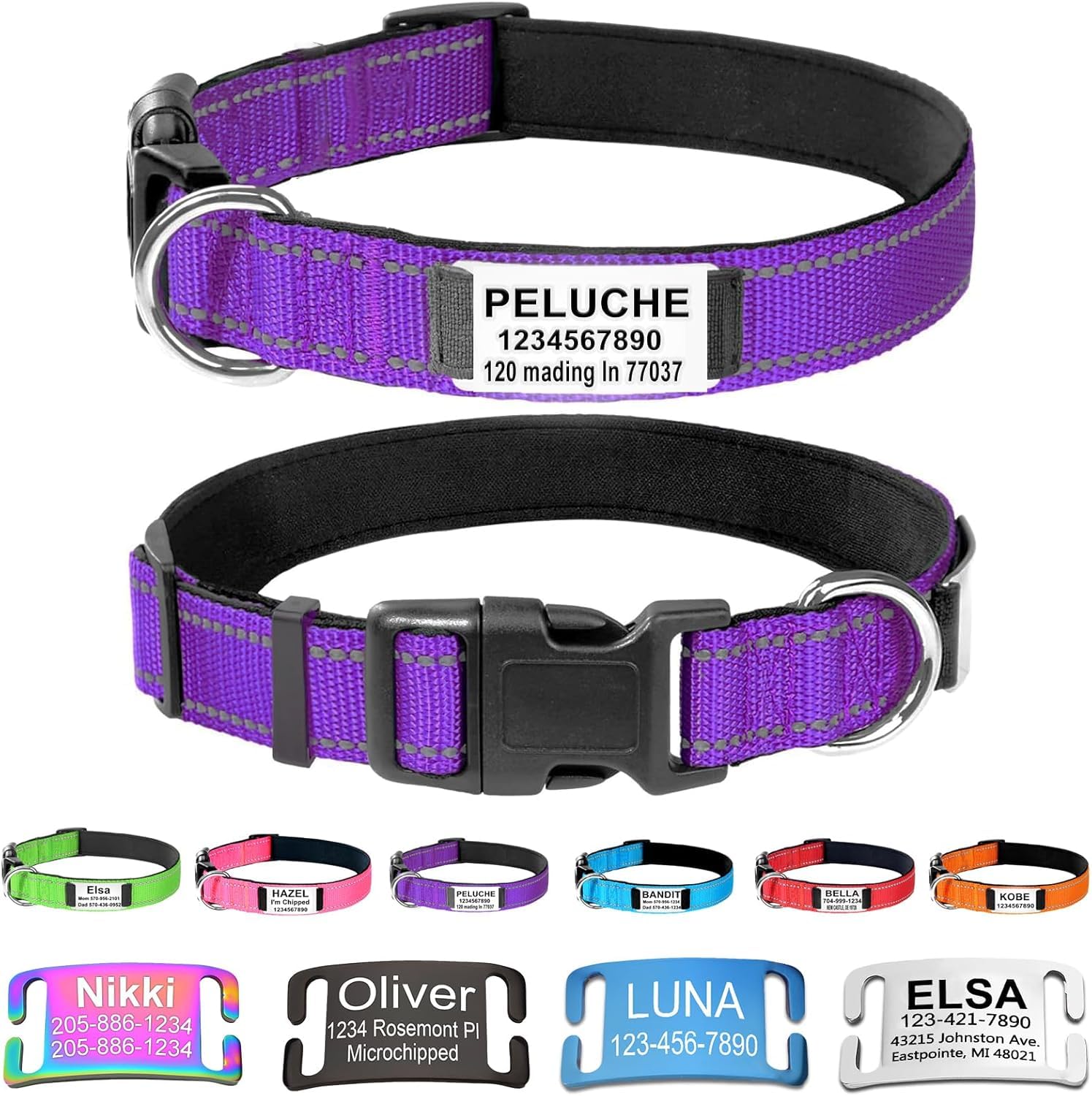 Custom Dog Collars with Name Plate, Engraved Name Plate ID Tags with Reflective Nylon Dog Collar,Soft Neoprene Padded Adjustable Pet Collar for Small Medium Large Dogs,M Deep Purple