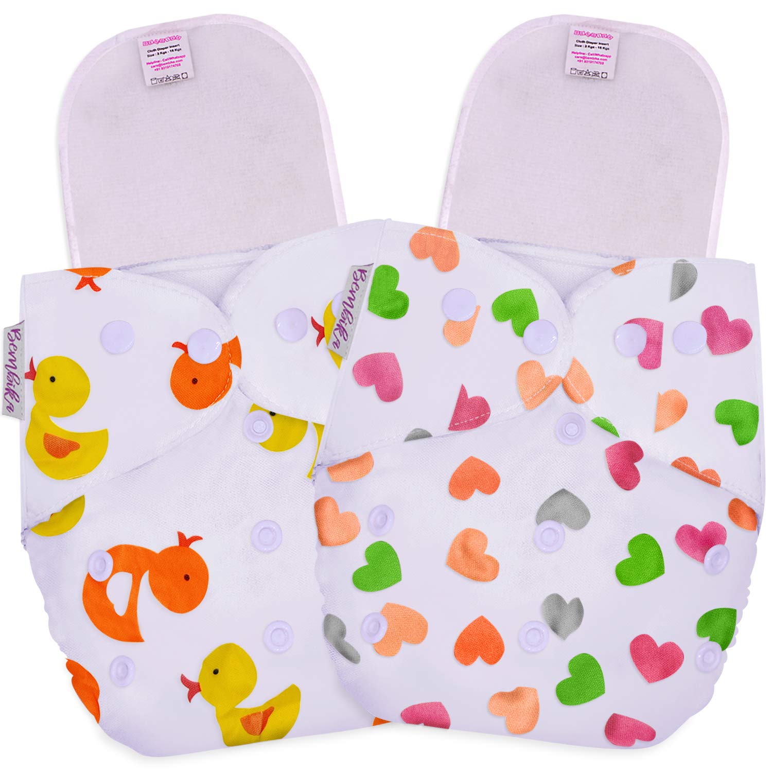 Bembika B Plus Printed Cloth Diapers for Babies, Washable Reusable, Adjustable Sizes (2 Combo) (2 Microfiber Inserts Included) 2EM