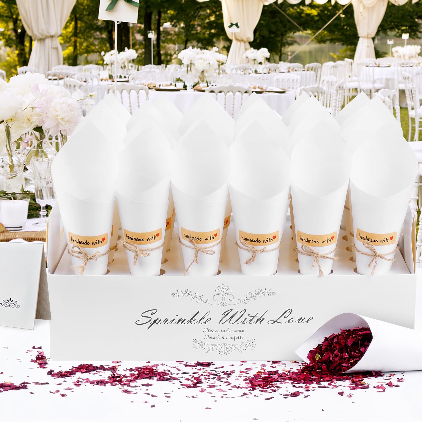 KALBIGRO 60 Pezzi Coni Portariso Matrimonio, Kraft Coni Riso Matrimonio con 2 Portacoriandoli, per Nozze Comunione Compleanno, Bianco - 4