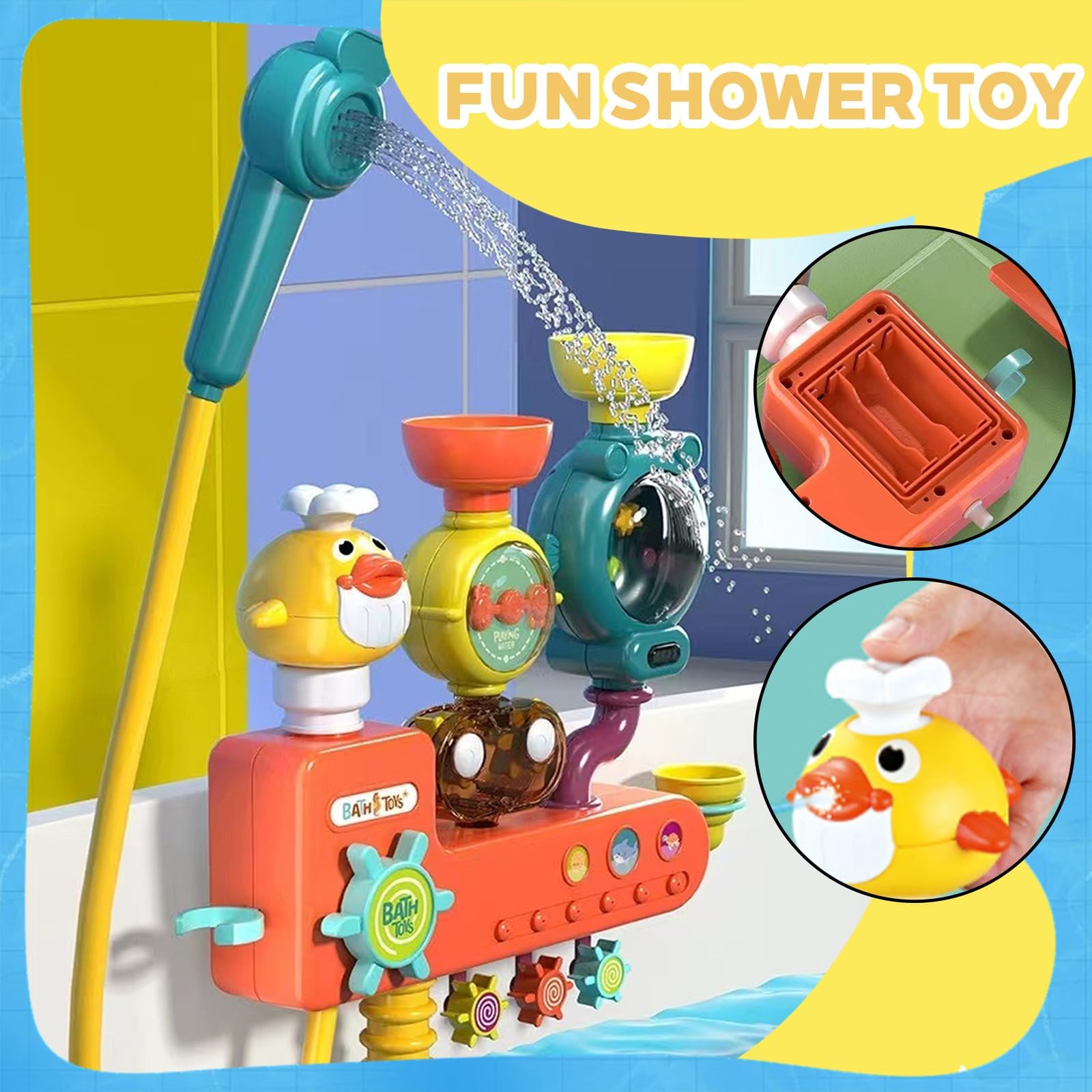LUKIUP Giocattolo per vasca da bagno 4 in 1, set di giocattoli da bagno interattivi con doccia, ruota d'acqua, barca d'anatra, auto a coccodrillo, fischietto a razzo, giocattolo per vasca da bagno