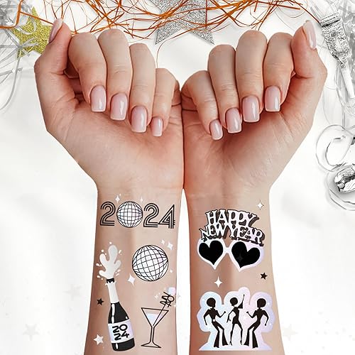 Miniatura 3 de Suministros de fiesta de Nochevieja 2024, tatuajes temporales, 40 estilos de purpurina, recuerdos de fiesta de Año Nuevo, decoraciones de Año Nuevo,