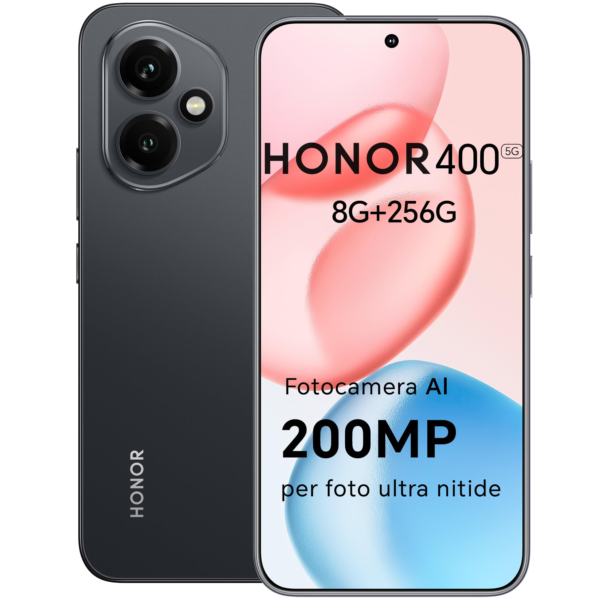 HONOR 400 Smartphone 5G Dual SIM NFC,200MP con AI fotografica, 8GB/256GB,5300 mAh, 6.55 pollici AMOLED Eye-Care Display cellulare, Snapdragon 7 Gen 3 telefono,Smartphone con Android 15,Midnight Black