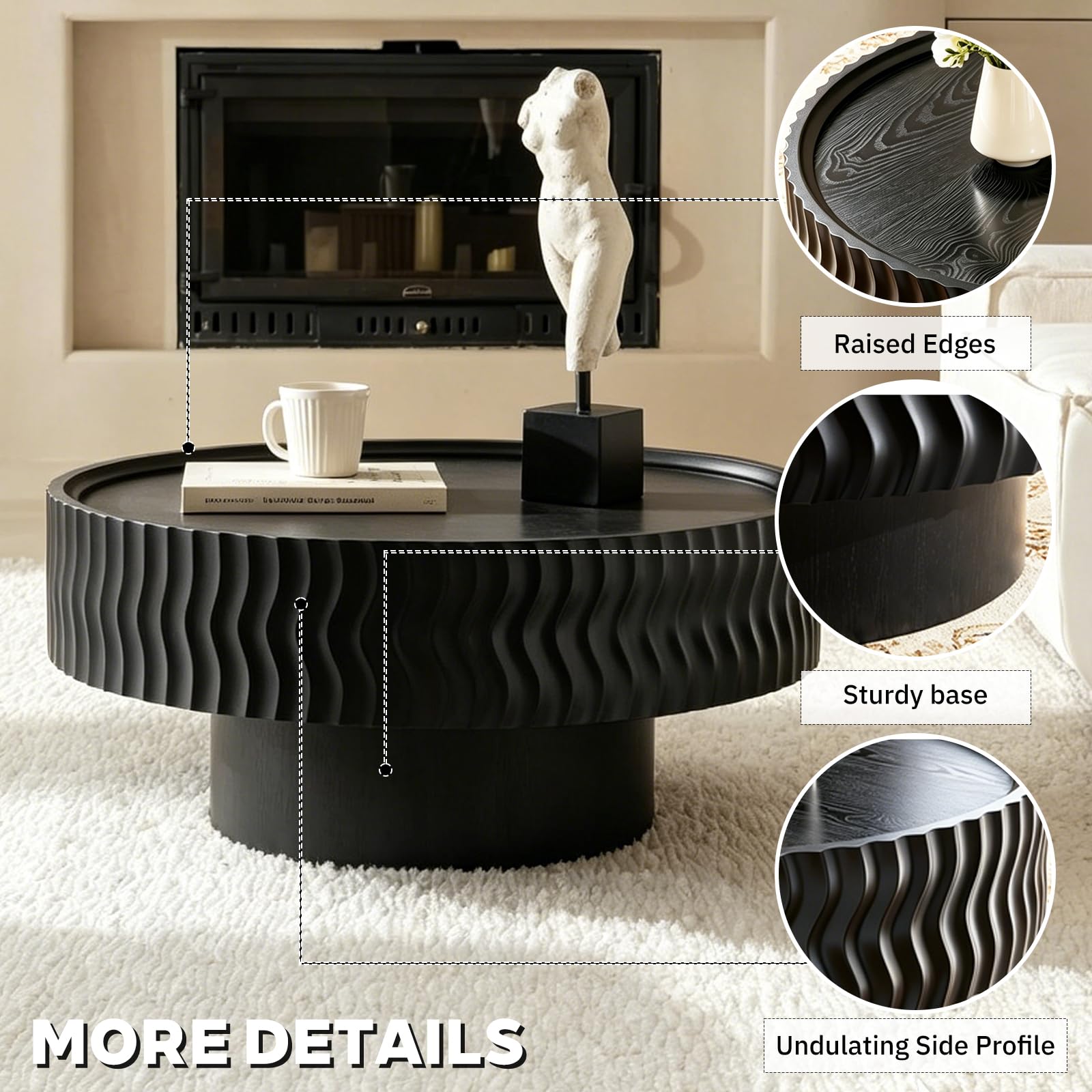 Table Basse Ronde Noir de 77cm Rustique Table de Salon Grain de Bois