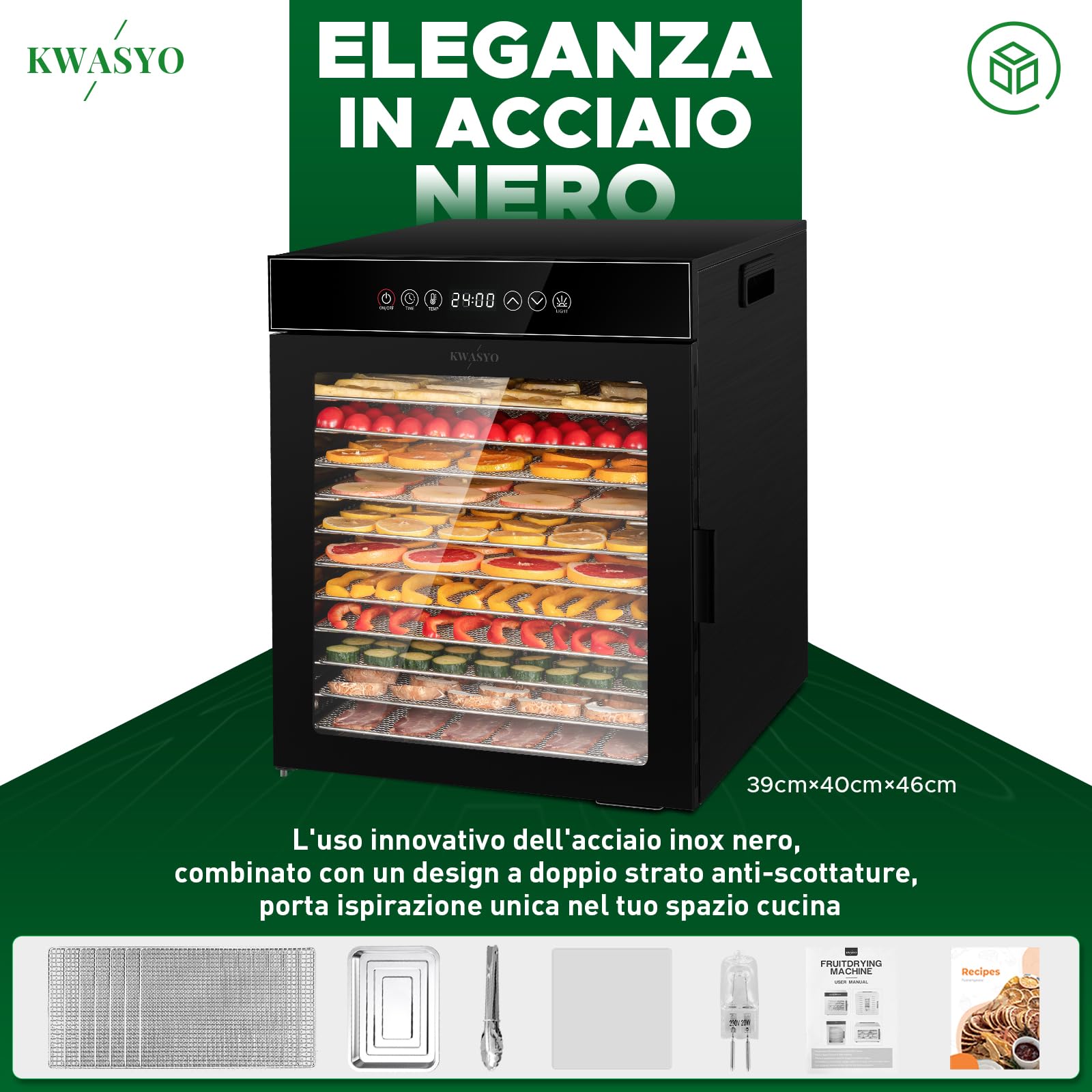 Kwasyo Essiccatore Alimentare 12 Vassoi in Acciaio Inox, Tutto Nero, Struttura a Doppio Strato, Grande Capacità, Essiccatore Commerciale per Frutta, Pesce, Verdure, Carne, Jerky, Erbe, 900W
