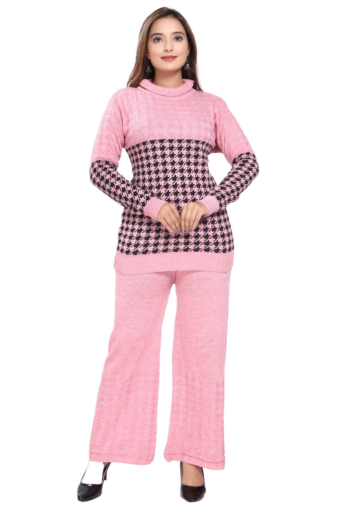 CHECK CORDSET Women's Wool Blend Knitted Winter Coord Set with Self Design | Two-Piece Warm Outfit for Stylish and Comfortable Wear- Light Pink - Free Size
