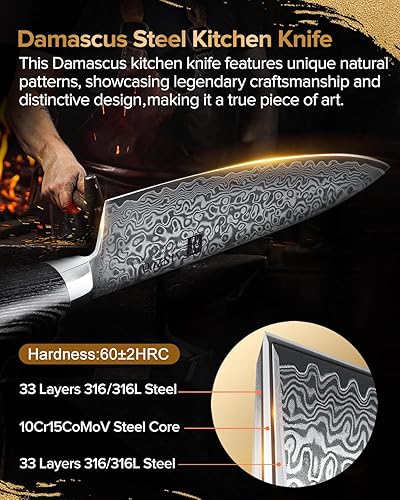 Miniatura 2 de XINZUO Cuchillo de chef de acero Damasco de 8 pulgadas, cuchillo de cocina profesional de acero de alto carbono, cuchillo de cocina afilado con