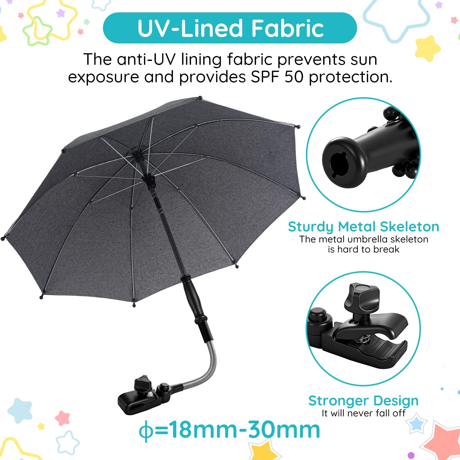 Universal Sonnenschirm kinderwagen, UPF50+ Sonnenschirm Buggy,flexibler Sonnenschutz mit 76 cm Durchmesser, einfach montierbar auf Rund- und Ovalrohre