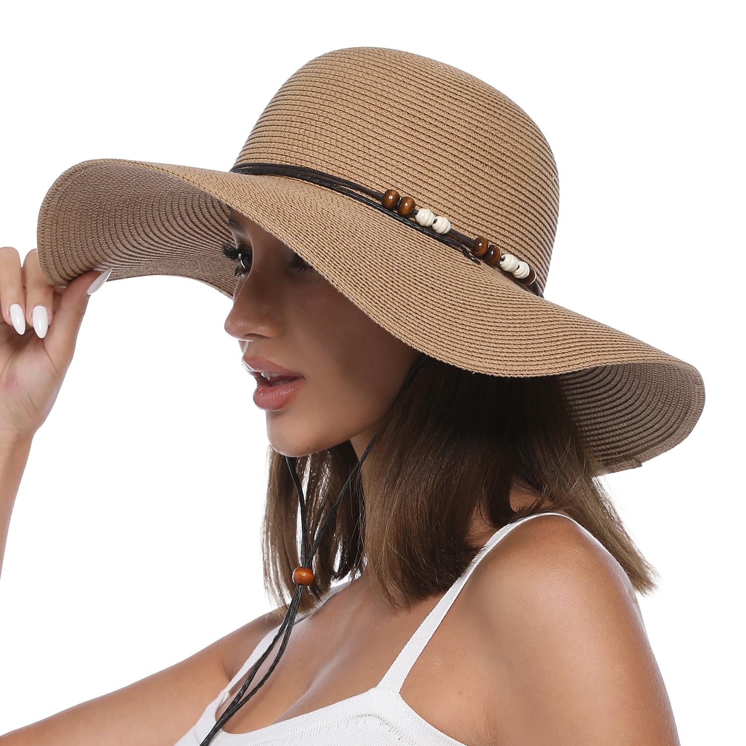 Creekstone Women's Khaki Floppy Straw Sun Hat Wide Brim Upf 50 Sun Protection Packable Summer Beach Hats With Wind Lanyard (Uk, Alpha, L, )