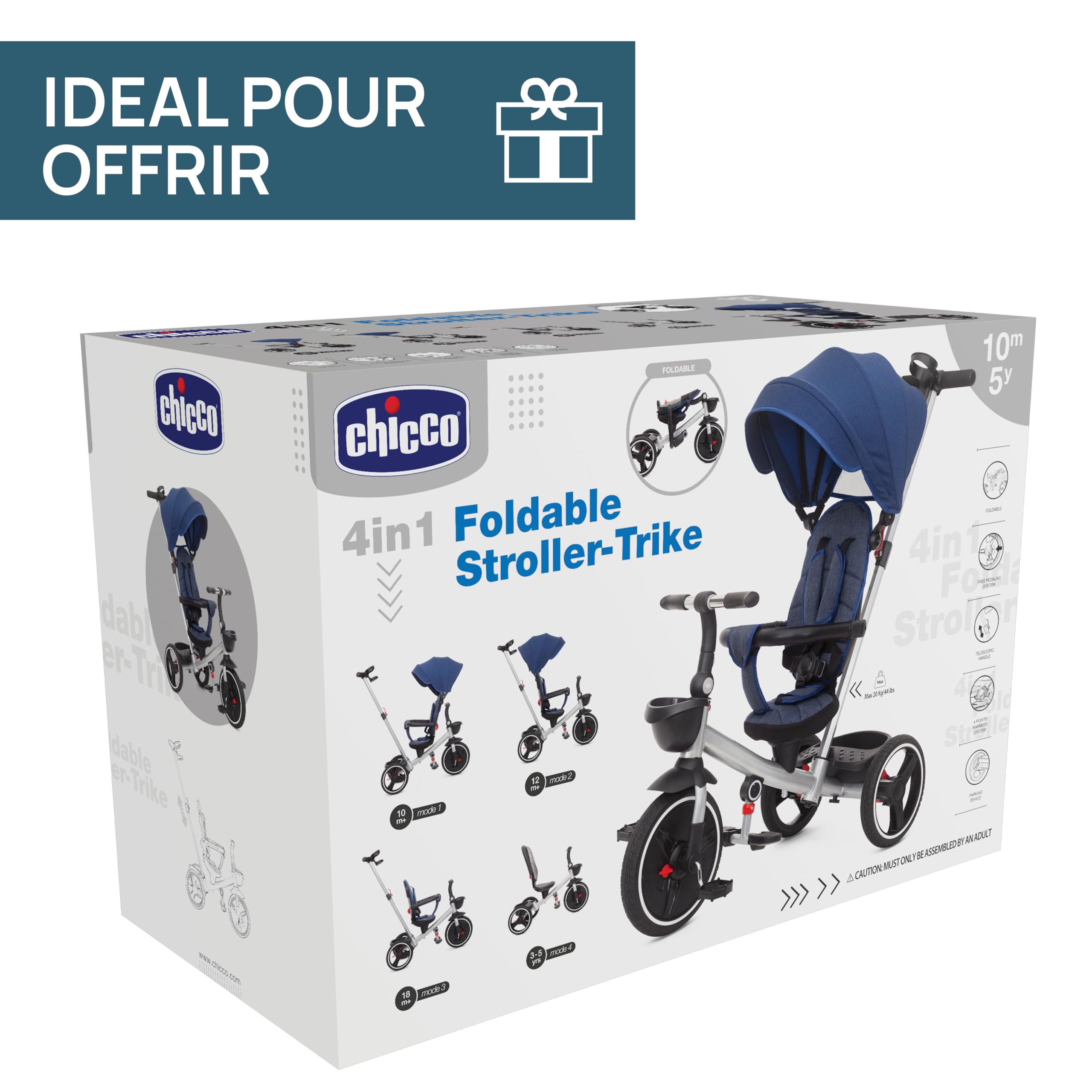 Chicco Tricycle Evolutif pour enfants 4en1, Cadre en métal, Roues en caoutchouc EVA, Harnais 4 points, Poignée télescopique et capote amovible, Poussette avec siège réversible, Paniers, 6 mois-5 ans