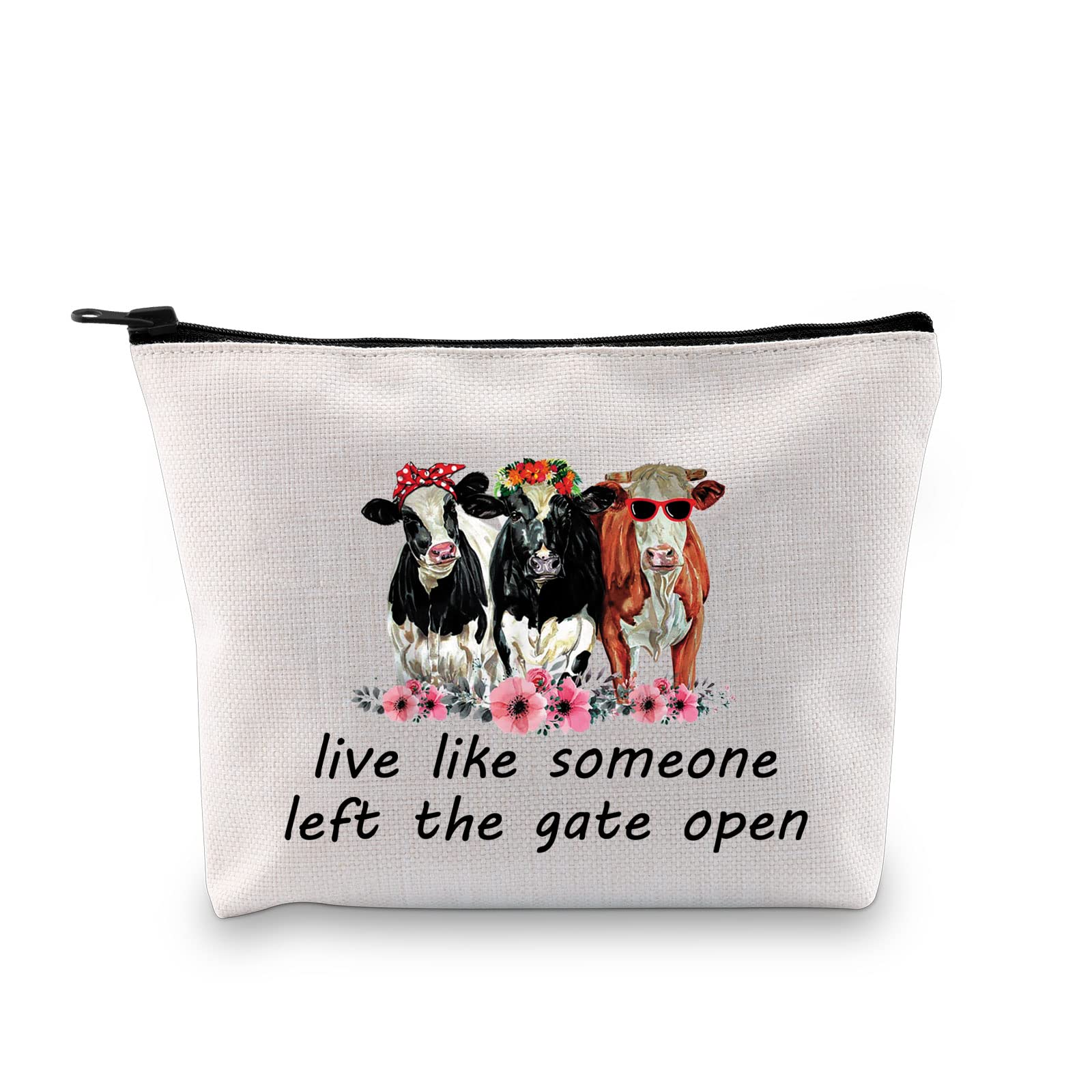 VAMSIICow Makeup Bag Live Life Like Someone Left the Gate Open Cow Cosmetic Bag Funny Cow Gifts for Cow Lovers Cow Farmer, Live Life Like Someone Left the Gate Open