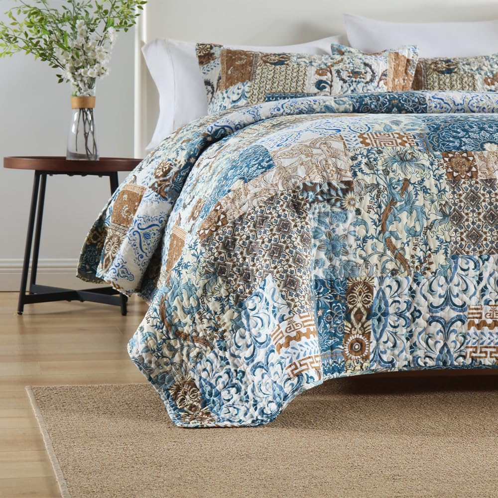 ENASAL Cotton Bedspread Quilt Bedding Sets Reversible Coverlet Comforters Blue Bohemian Rustic Floral Patchwork Pattern Bedspread for All Season,Queen Size | Breathable material, Cotton bedspread, Reversible coverlets, Patchwork rustic, Jacquard stitching, Machine waschable - Image 5