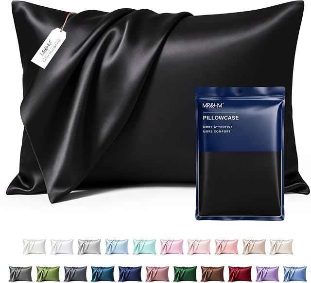MR&HM Oreiller satin pour cheveux et peau, Oreil satin en soie 2 Pack, Queen Taille étuis d'oreiller Ensemble de 2, Couverture oreiller soyeuse avec fermeture d'enveloppe (20x30, Noir)