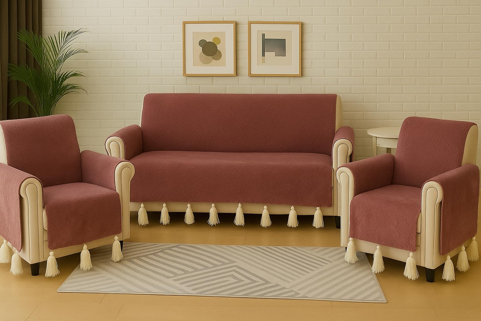 Tassel Sofa Throw Cover 5 Seater, Handmade Waterproof Slipcover Set, 3+1+1 Seater Couch Cover with Tassels, Abstract Pattern, Stretch Fit, 225x180x47.5 cm (Rose Pink)-image-22