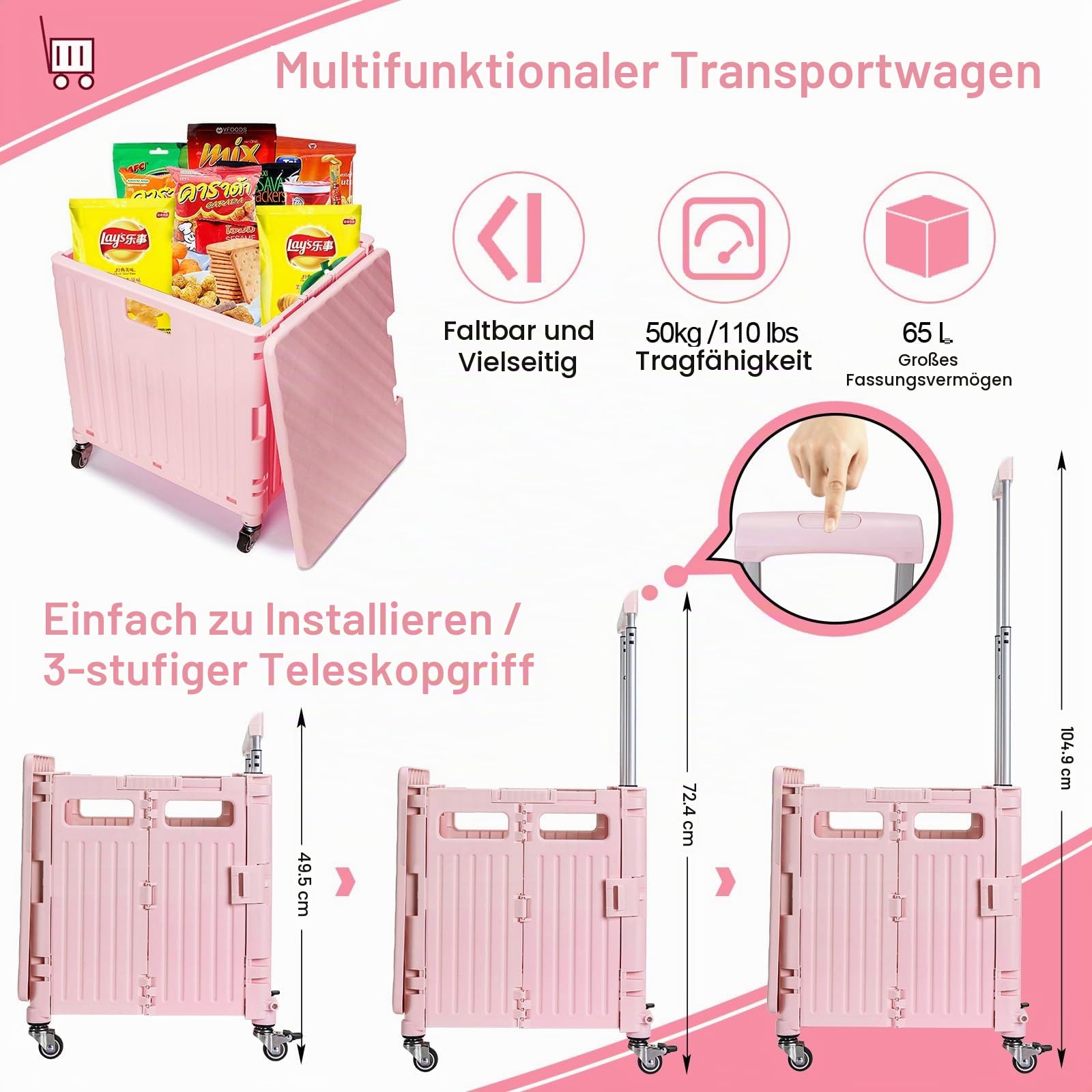 Einkaufstrolley Klappbar mit Deckel, 65L, bis 40KG, Teleskopgriff, Rosa
