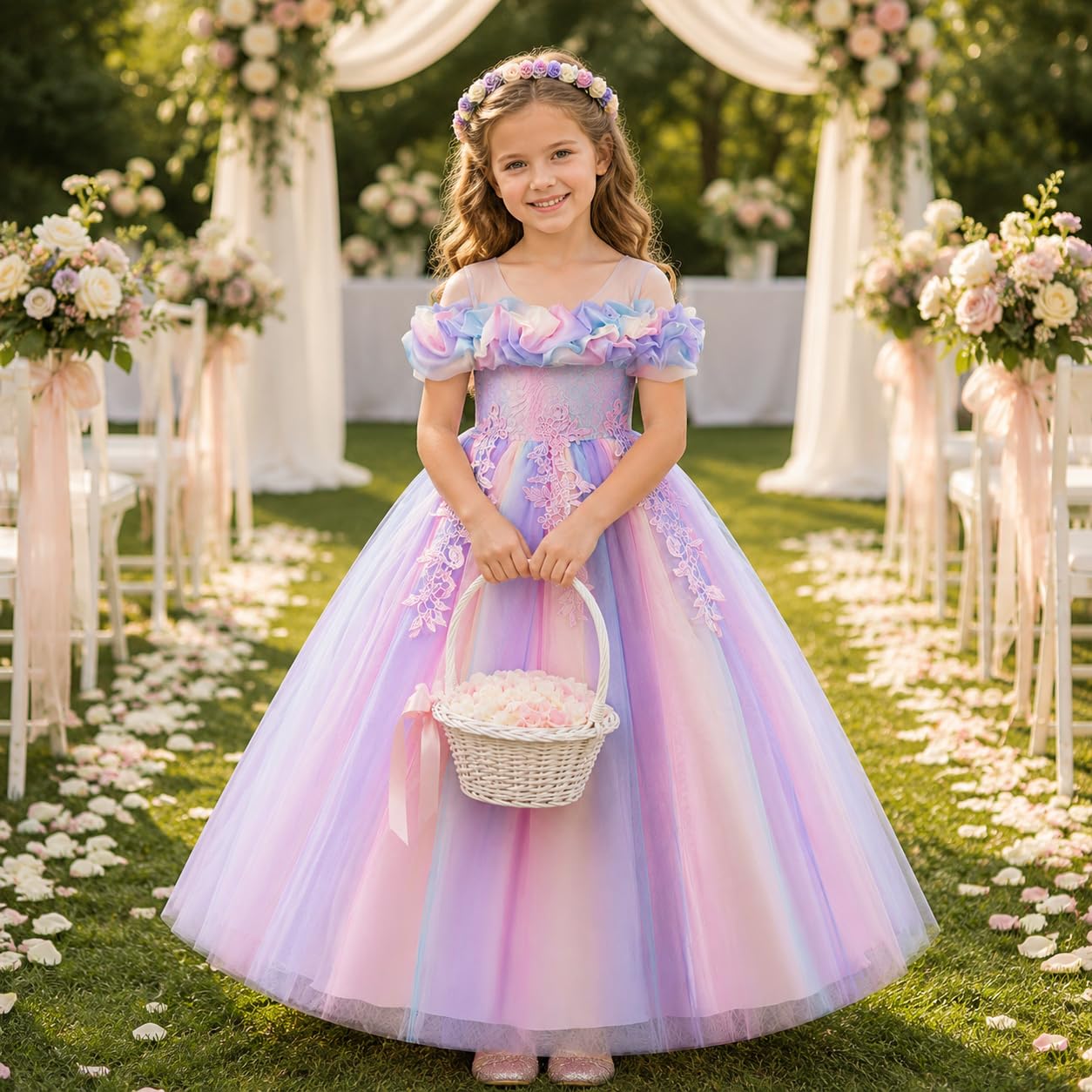 Maxi abito da bambina in pizzo con ricamo a spalla fredda in tulle, tutù, abiti da principessa, ragazza, comunione, treno, compleanno, matrimonio, festa, damigella d'onore